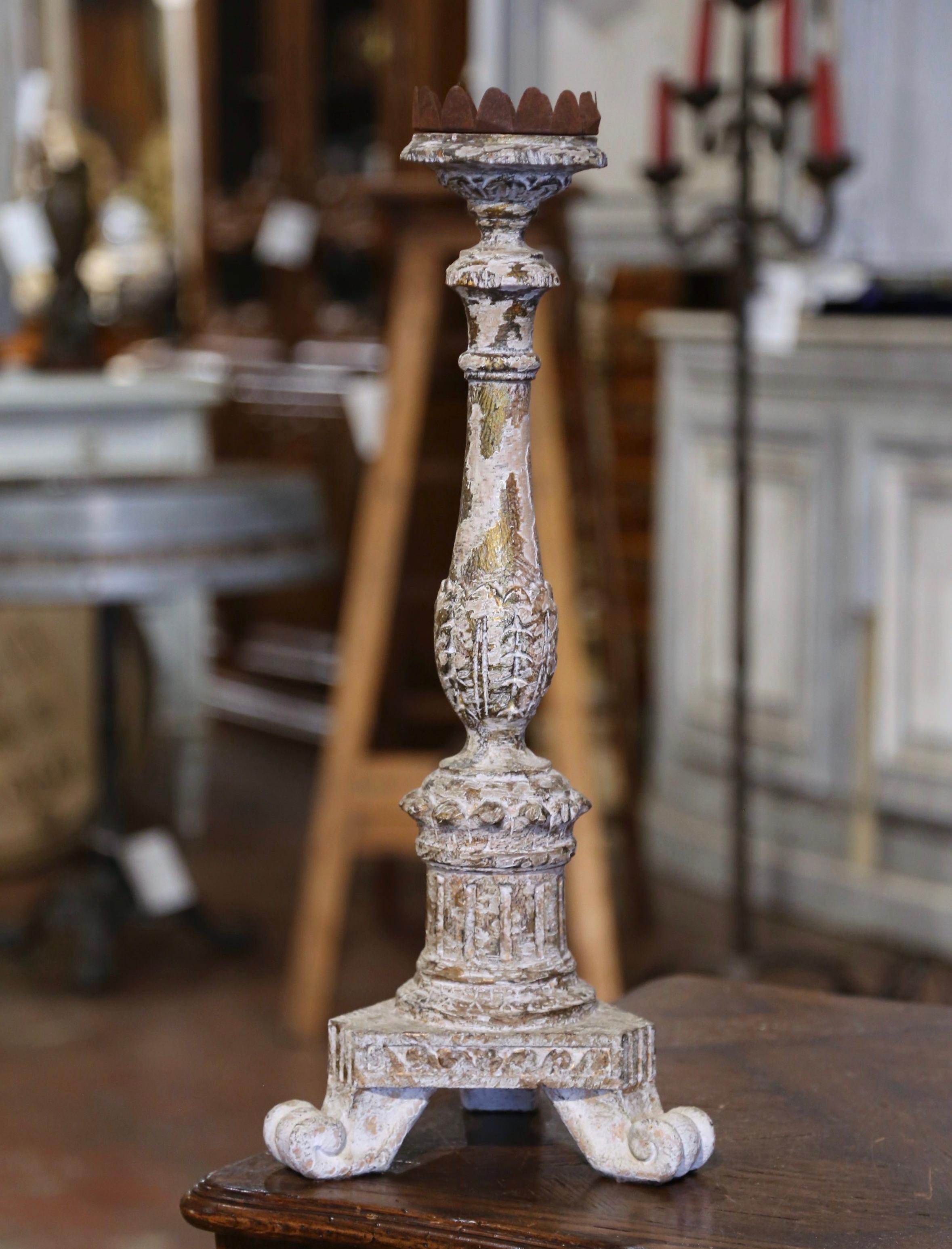 19th Century Italian Polychrome Carved Giltwood and Painted Candlestick For Sale 2
