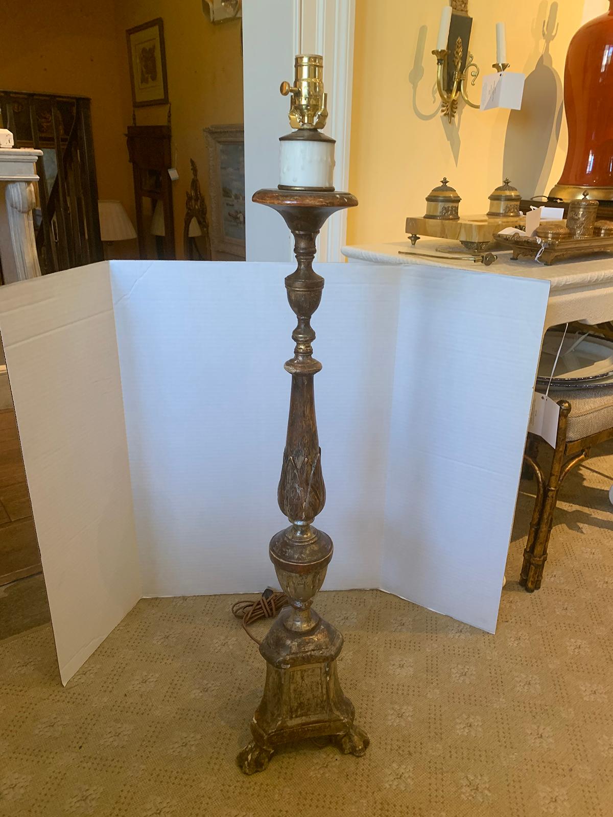 Polychromed 19th Century Italian Polychrome Pricket Candlestick as Floor Lamp For Sale