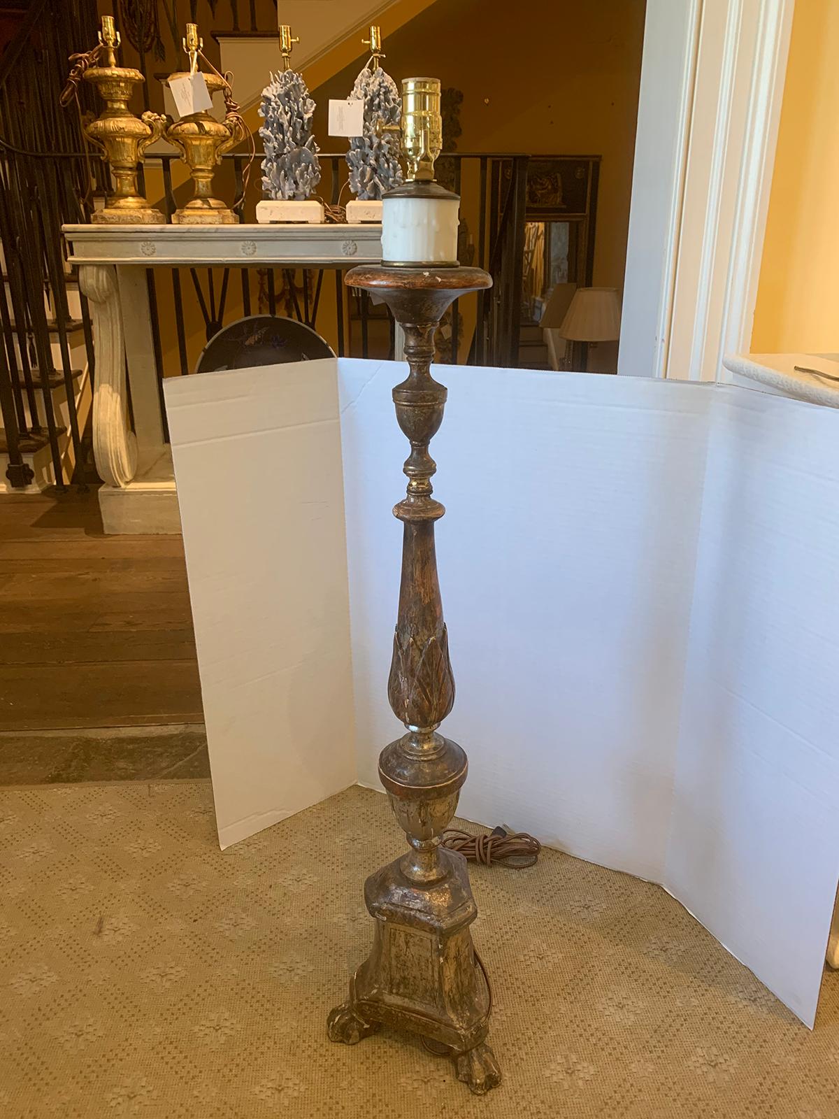 Wood 19th Century Italian Polychrome Pricket Candlestick as Floor Lamp For Sale