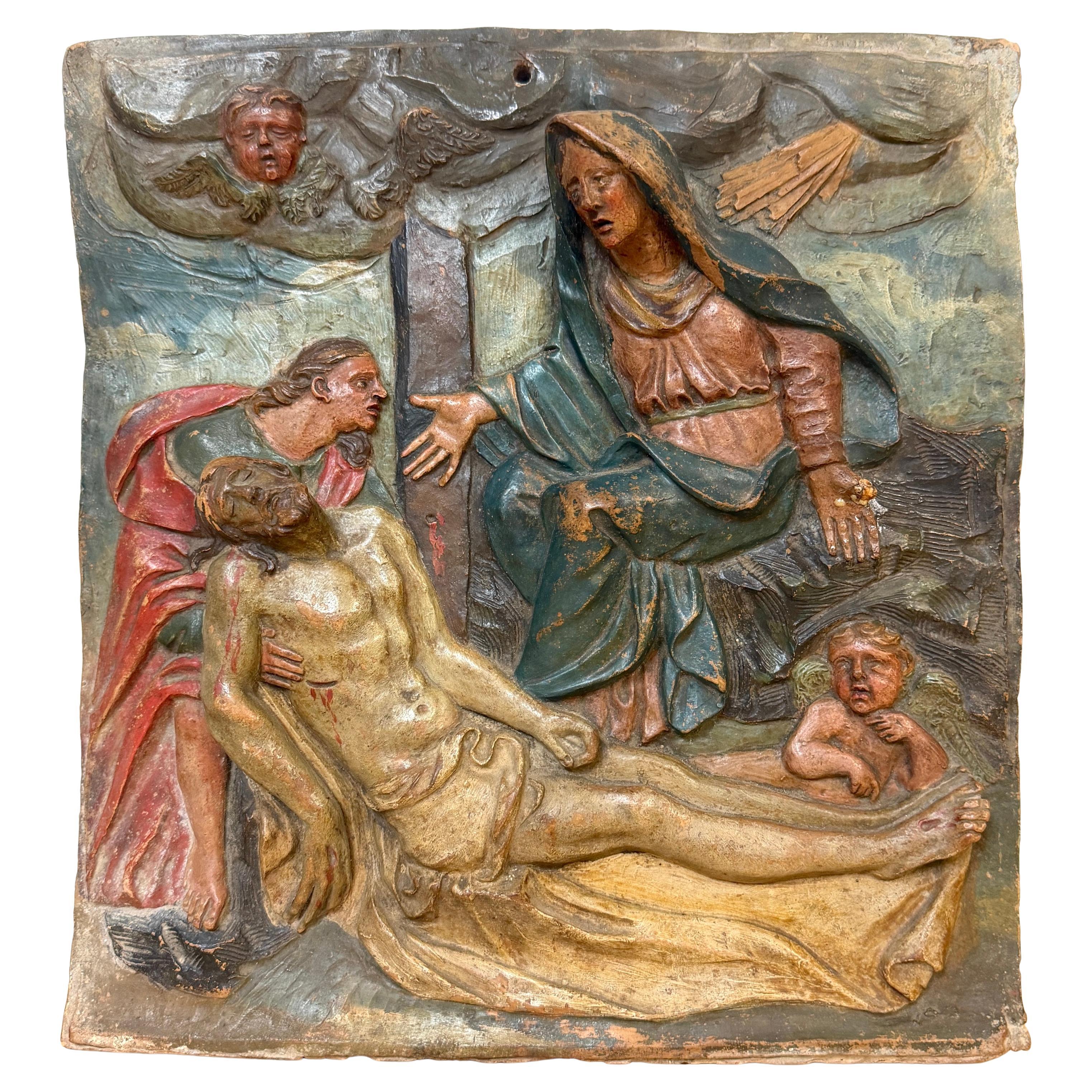 19th Century Italian Polychromed Terracotta Relief Plaque of the Pietà