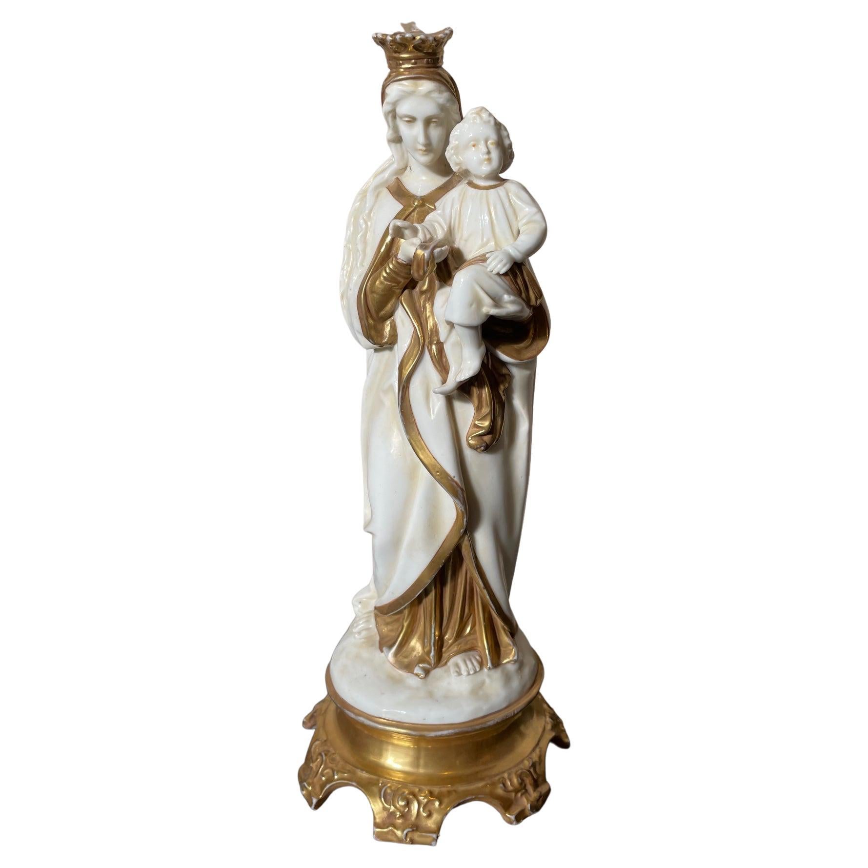 19th Century Italian Porcelain Maiden with Child Statue, 1850s