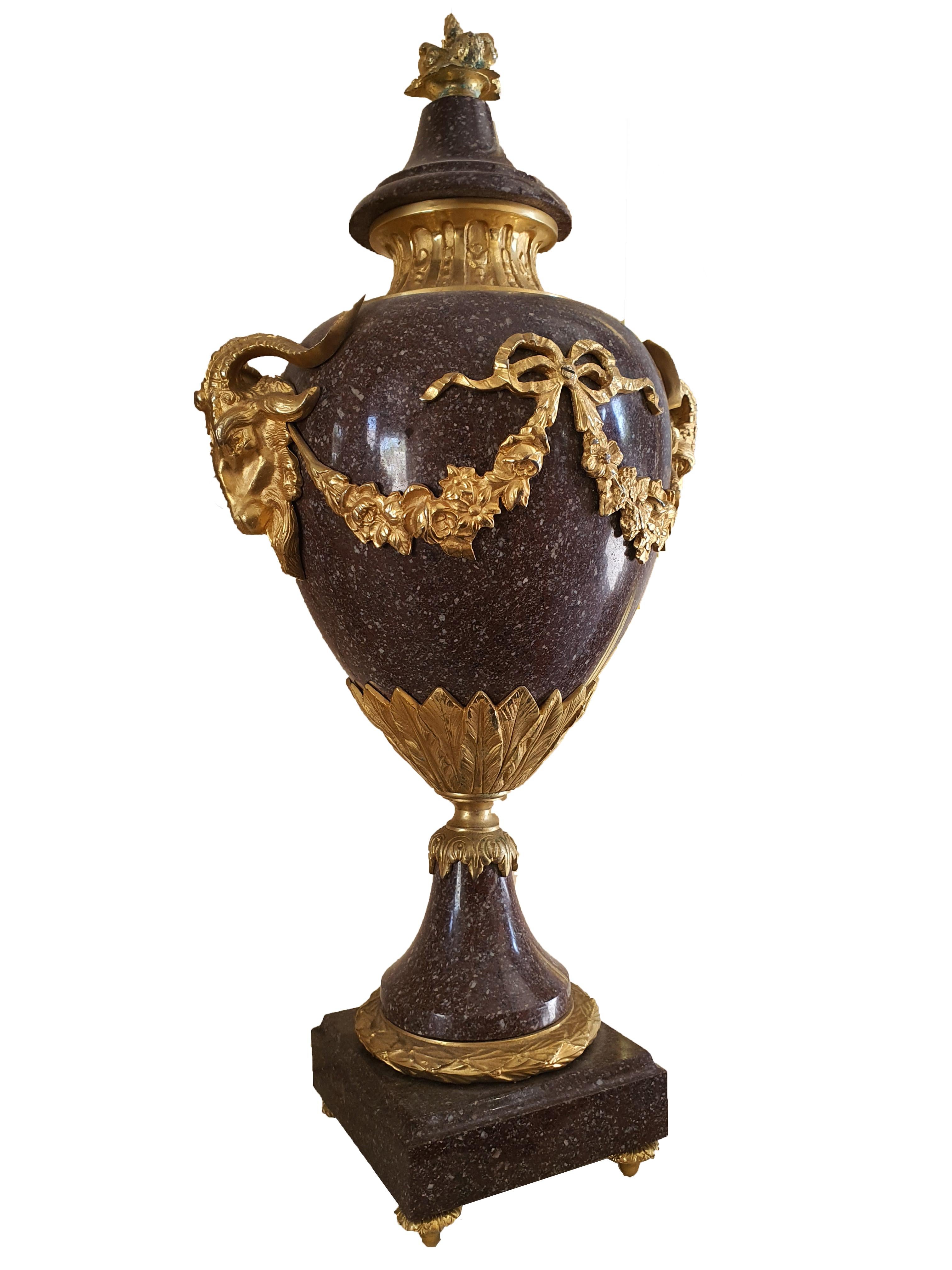 Empire 19th Century Italian Porphyry Vase with Gilt Bronze Applications For Sale