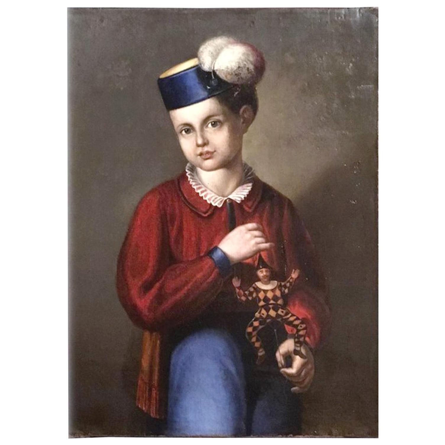 19th Century Italian Portrait of a Boy with a Jumping Jack by C. Pagnini For Sale