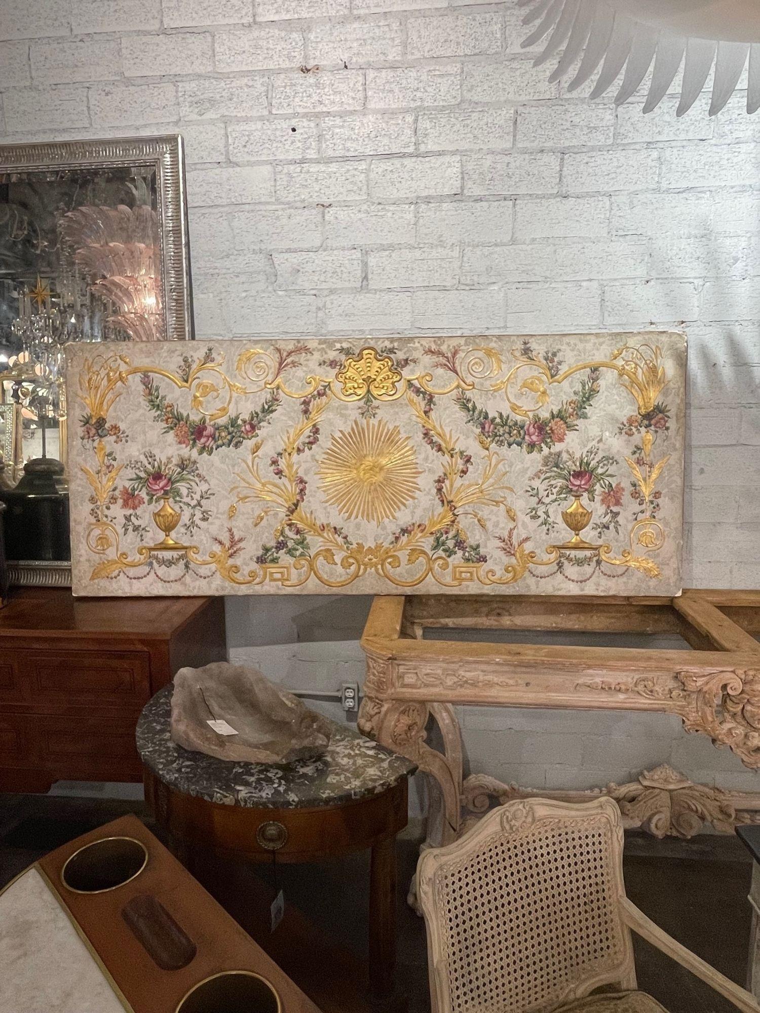 Outstanding 19th century Italian raised gilt gesso and oil painted panel. Very pretty images of leaves, flowers and urns. An exceptional piece!