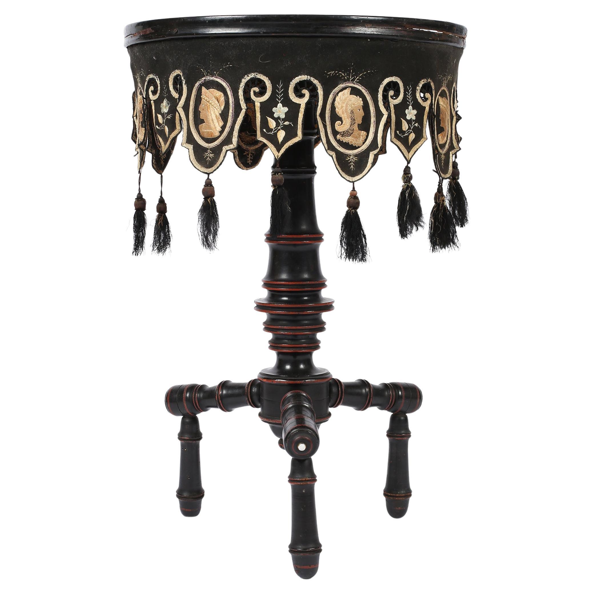 19th Century Italian Rare Embroidered Tasselled Bobbin Table