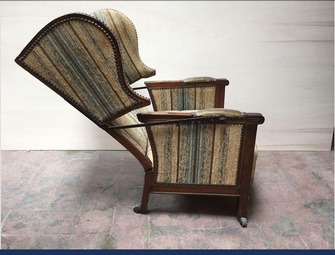 Late 19th Century 19th Century Italian Reclining Wooden Armchair with Original Upholstery. 1890s For Sale