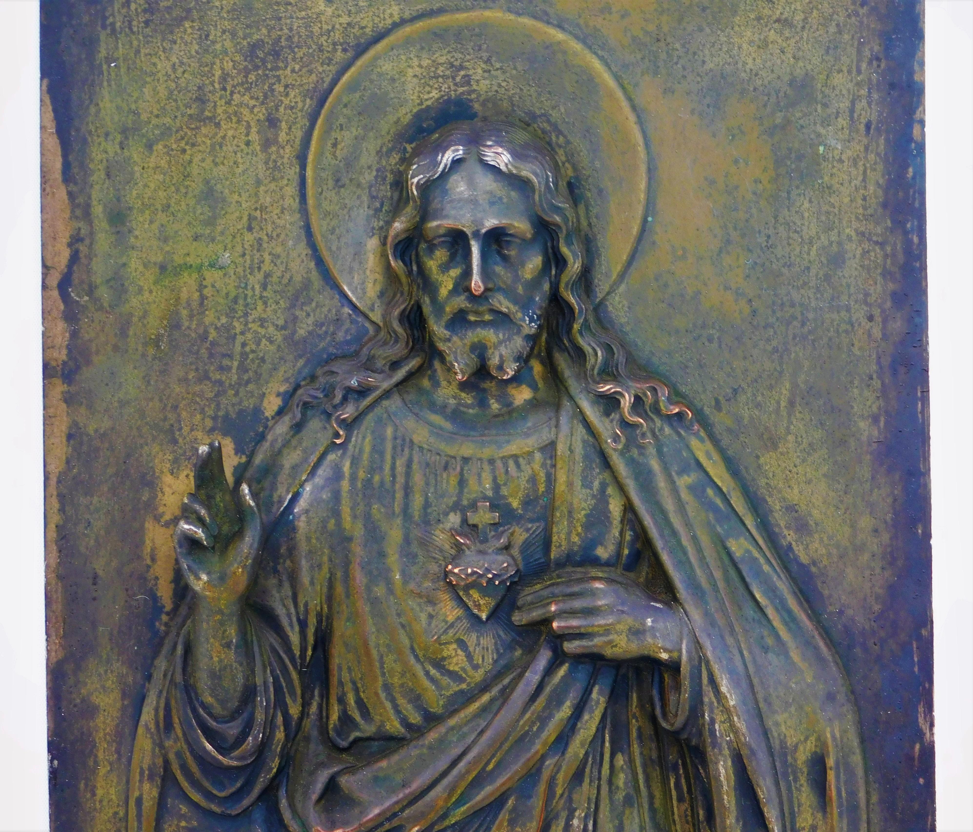 Well crafted with a beautiful patina, 1890's bronze relief plaque of Jesus from Italy measuring 10
