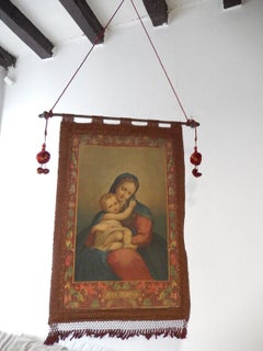 19th Century Italian Religious Banner Ave Maria Oliograph with Tassels Rare
