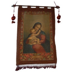 19th Century Italian Religious Banner Ave Maria Oliograph with Tassels