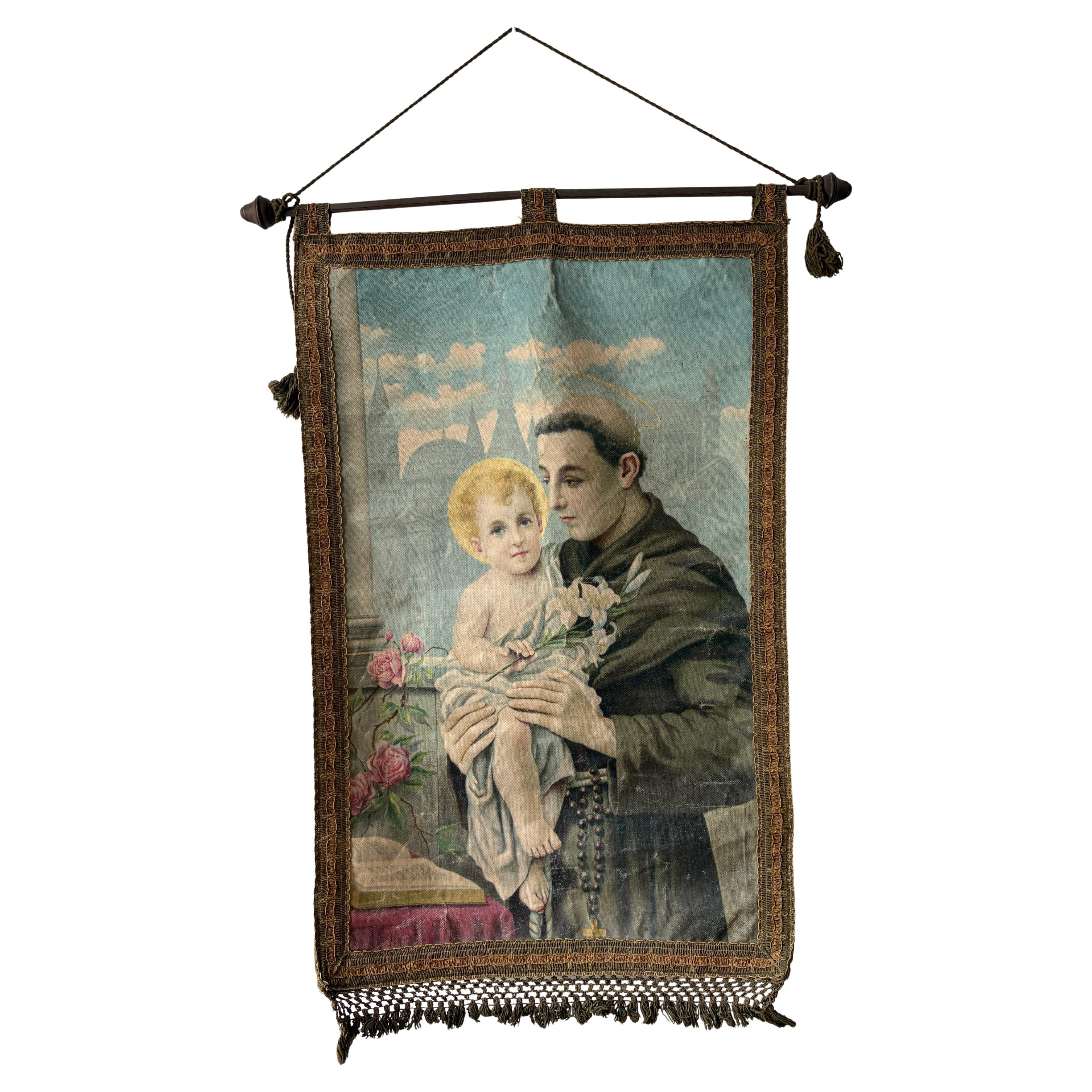19th Century Italian Religious Banner Jesus & Saint Anthony  Tassels For Sale