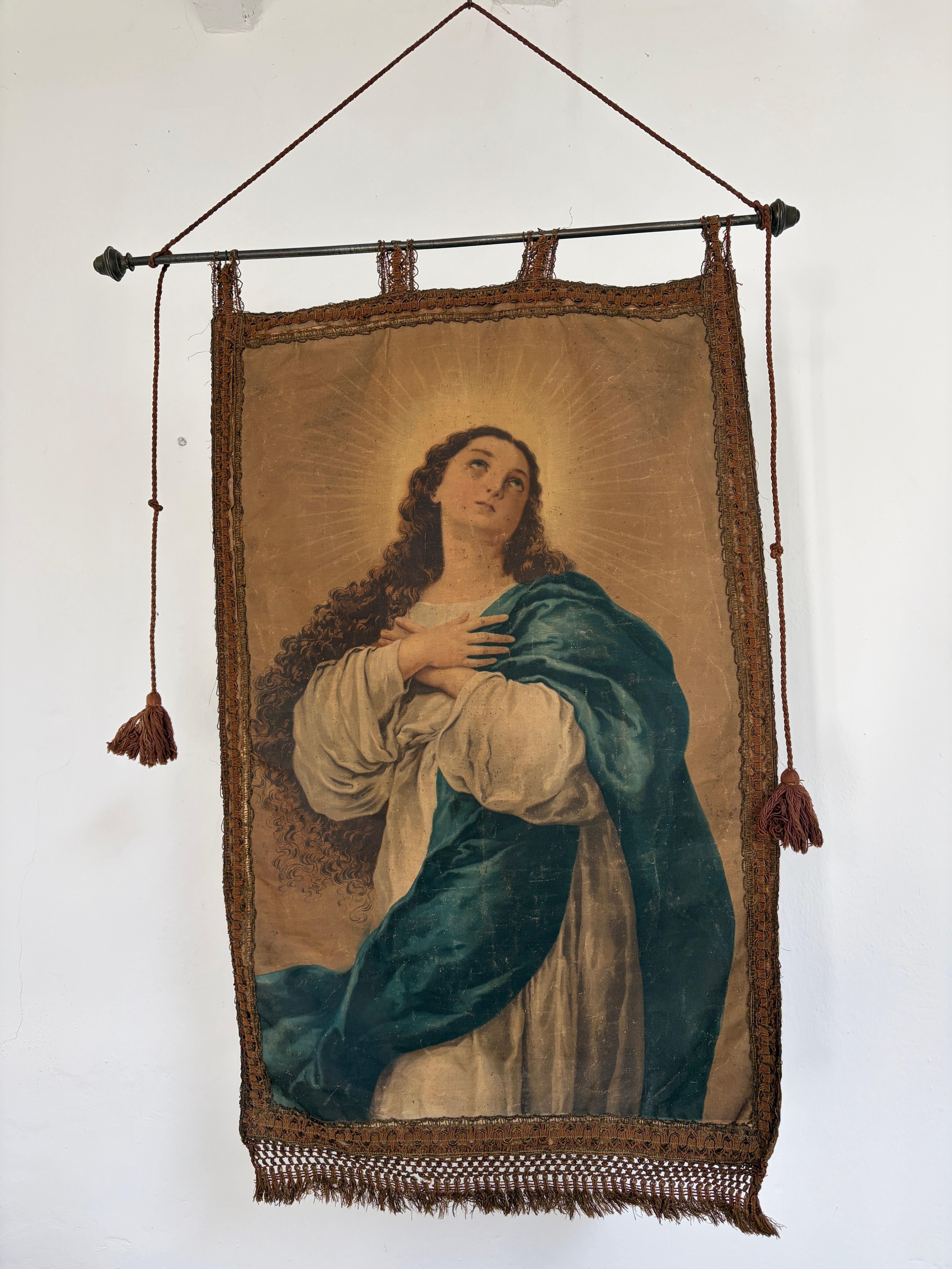 19. Jahrhundert Italienisch Religiöse Banner Maria Unbefleckte Empfängnis Quasten im Angebot 9