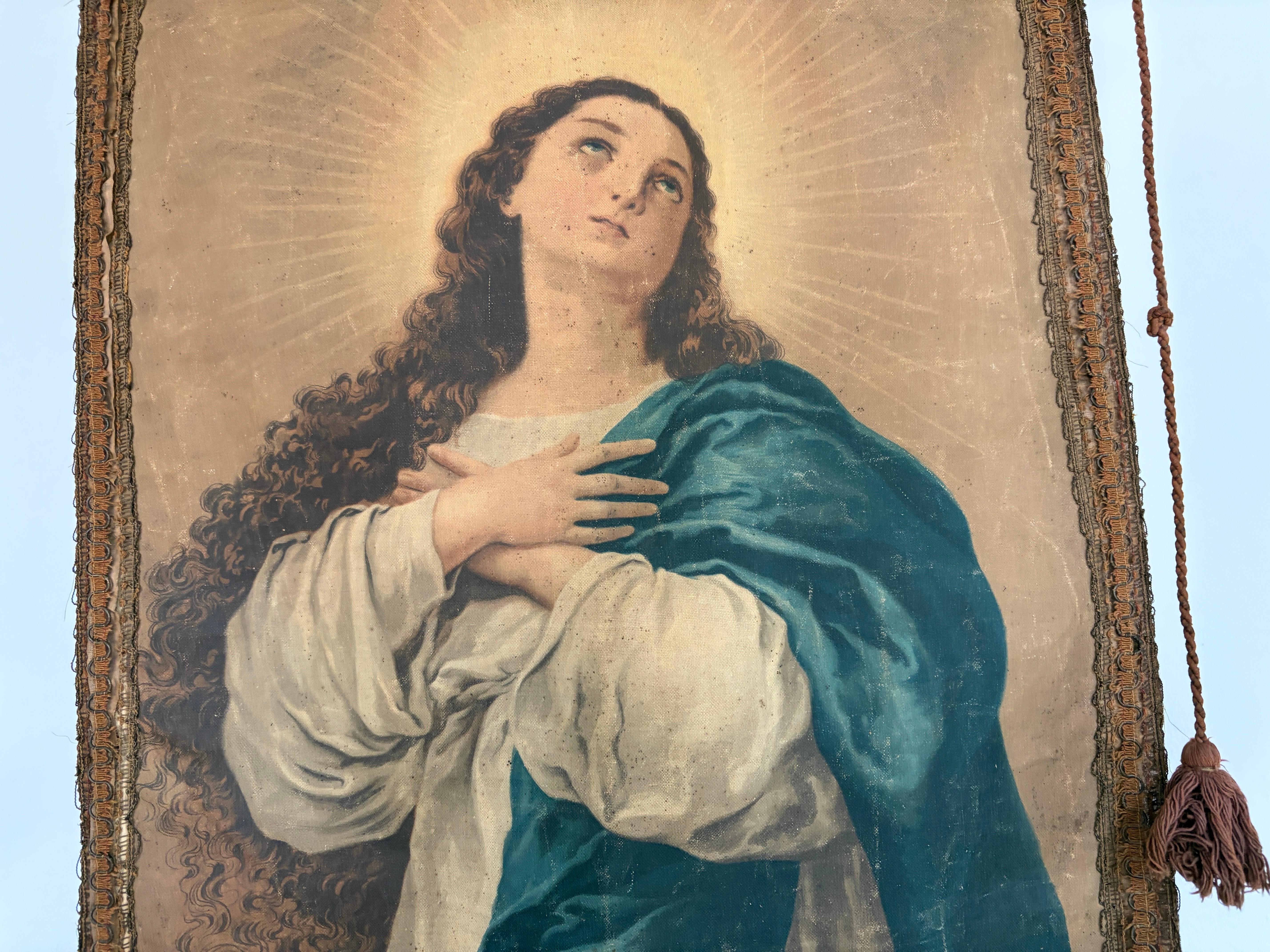 19. Jahrhundert Italienisch Religiöse Banner Maria Unbefleckte Empfängnis Quasten im Zustand „Gut“ im Angebot in Firenze, Toscana
