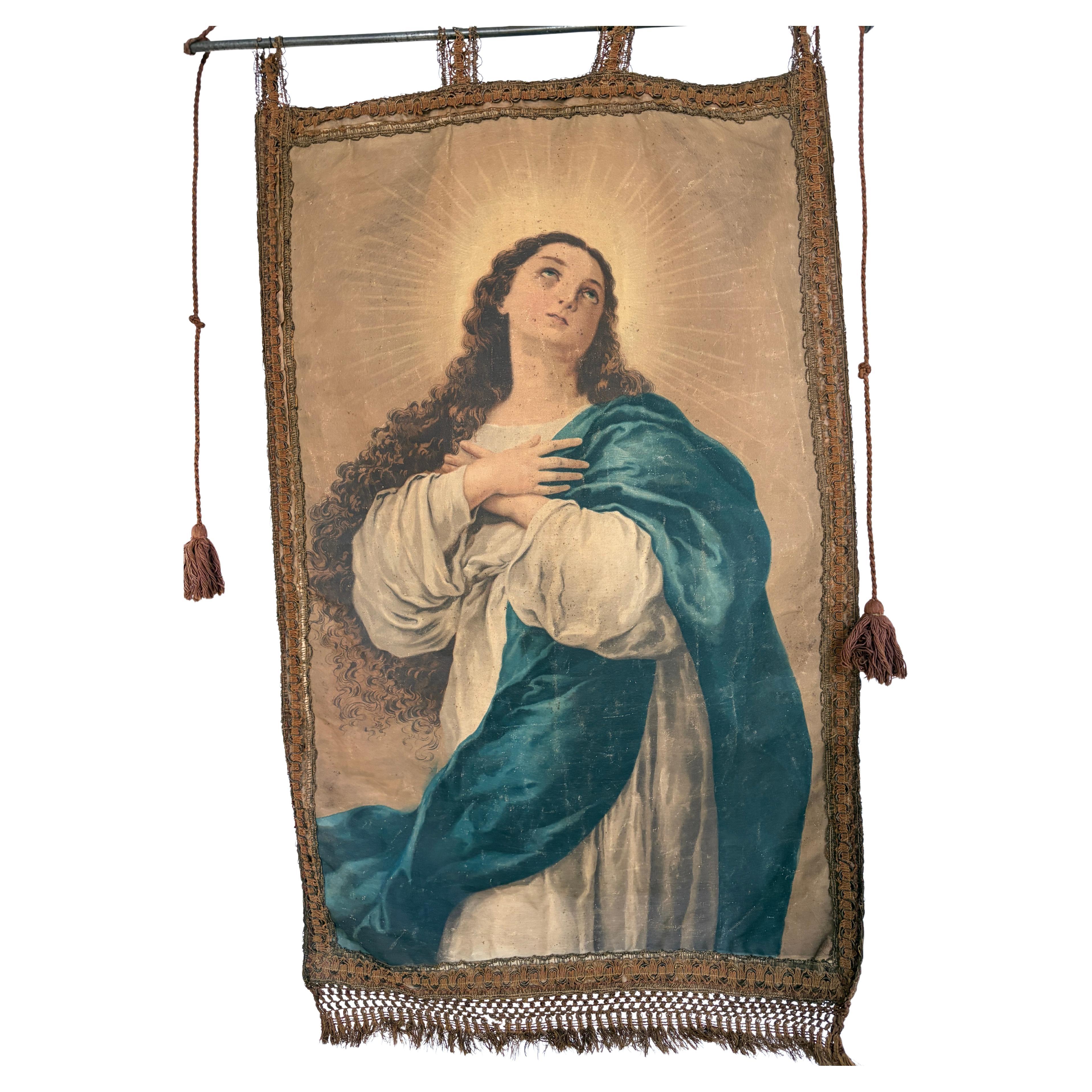 19. Jahrhundert Italienisch Religiöse Banner Maria Unbefleckte Empfängnis Quasten im Angebot