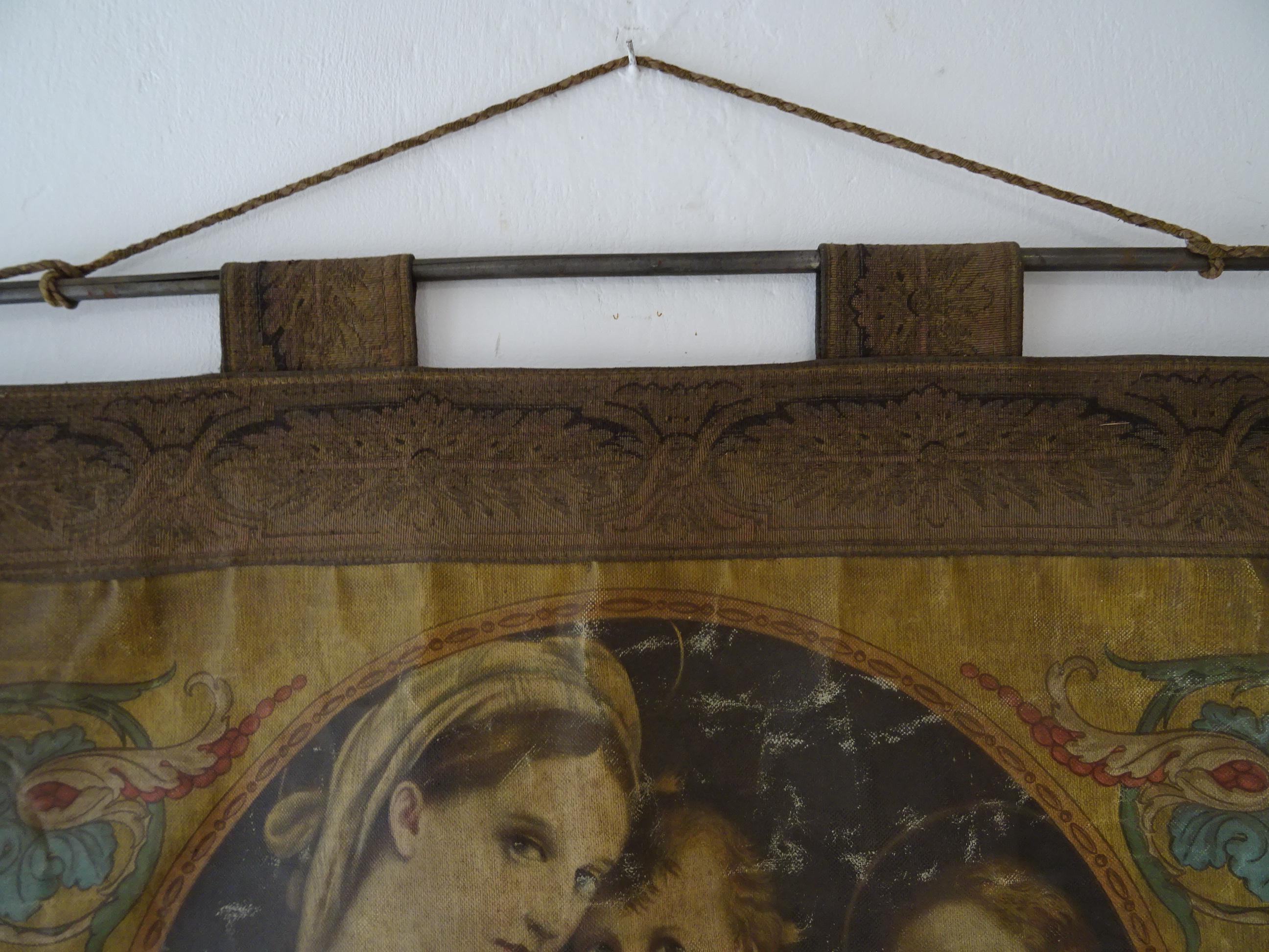 19th Century Italian Religious Banner Mary & Jesus Oleograph Tassels Raffaello 4