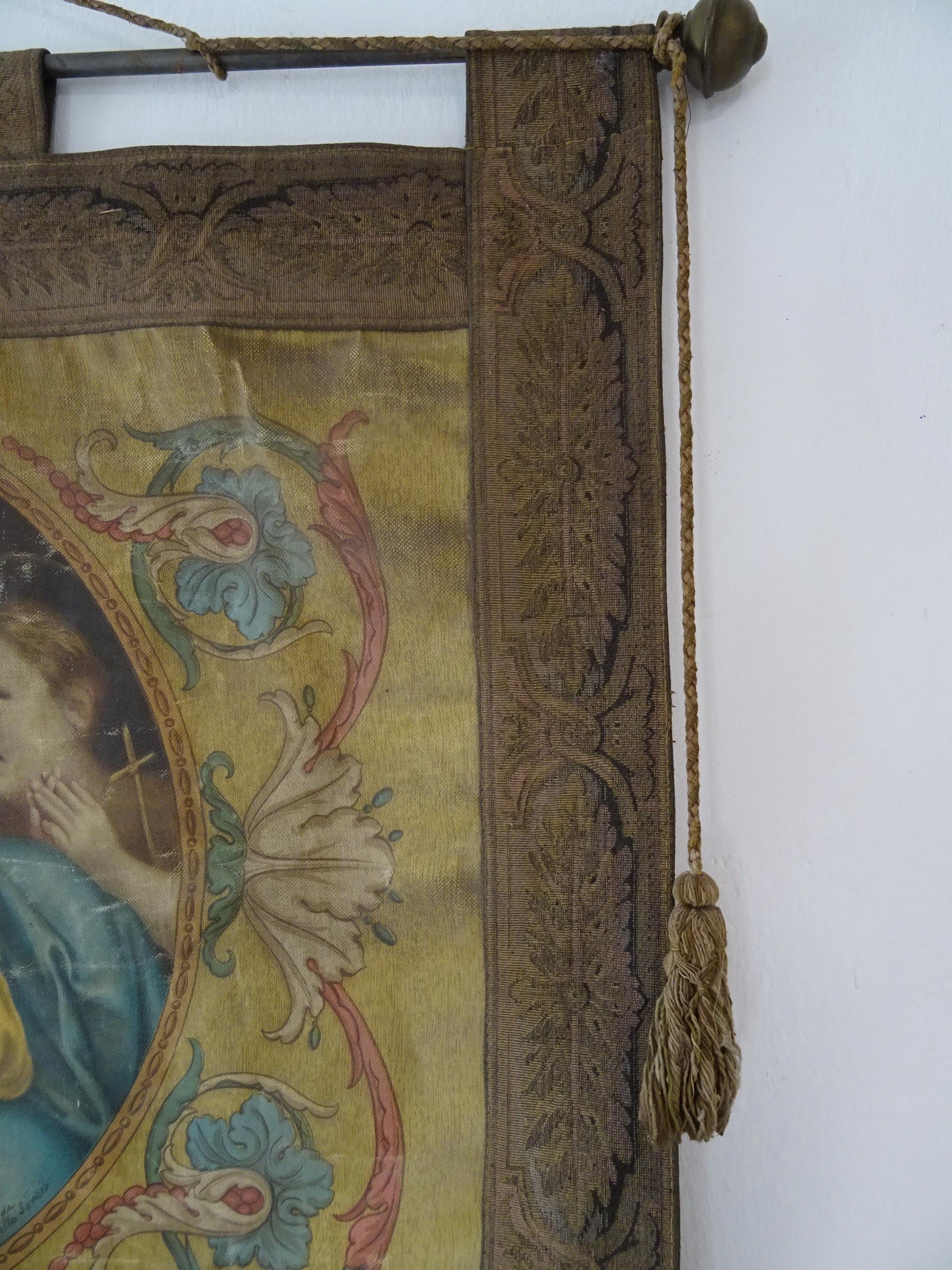 Canvas 19th Century Italian Religious Banner Mary & Jesus Oleograph Tassels Raffaello