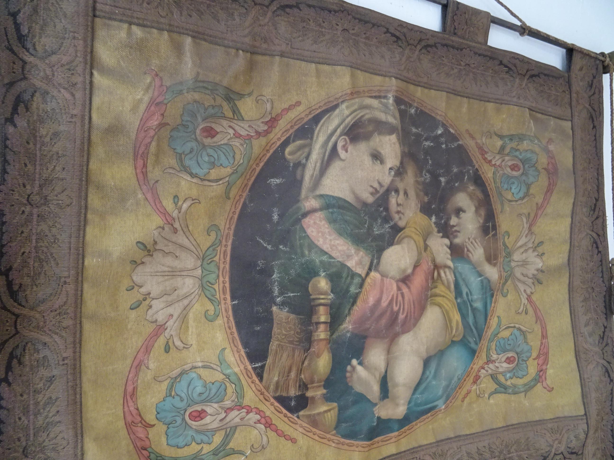 19th Century Italian Religious Banner Mary & Jesus Oleograph Tassels Raffaello 3