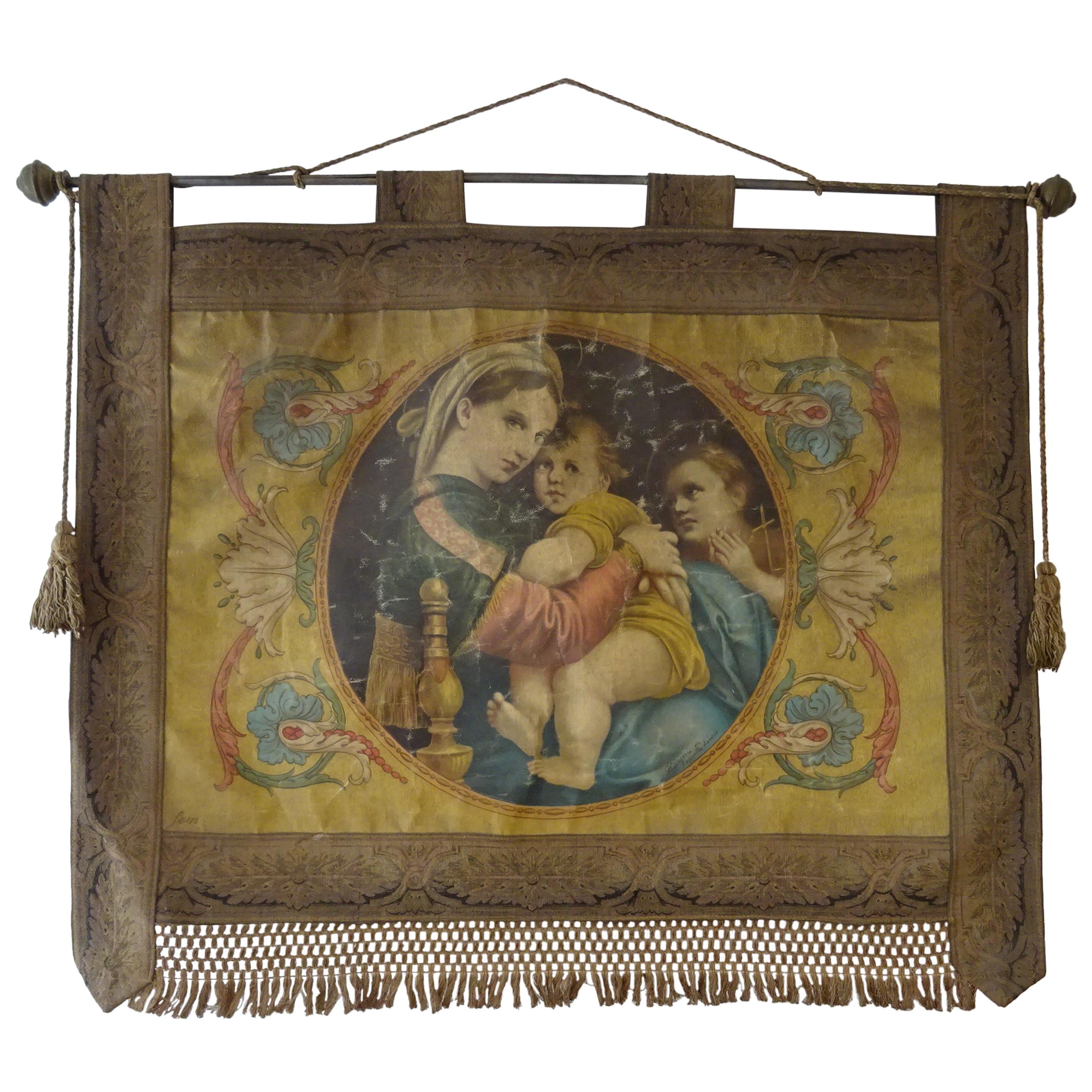 19th Century Italian Religious Banner Mary & Jesus Oleograph Tassels Raffaello