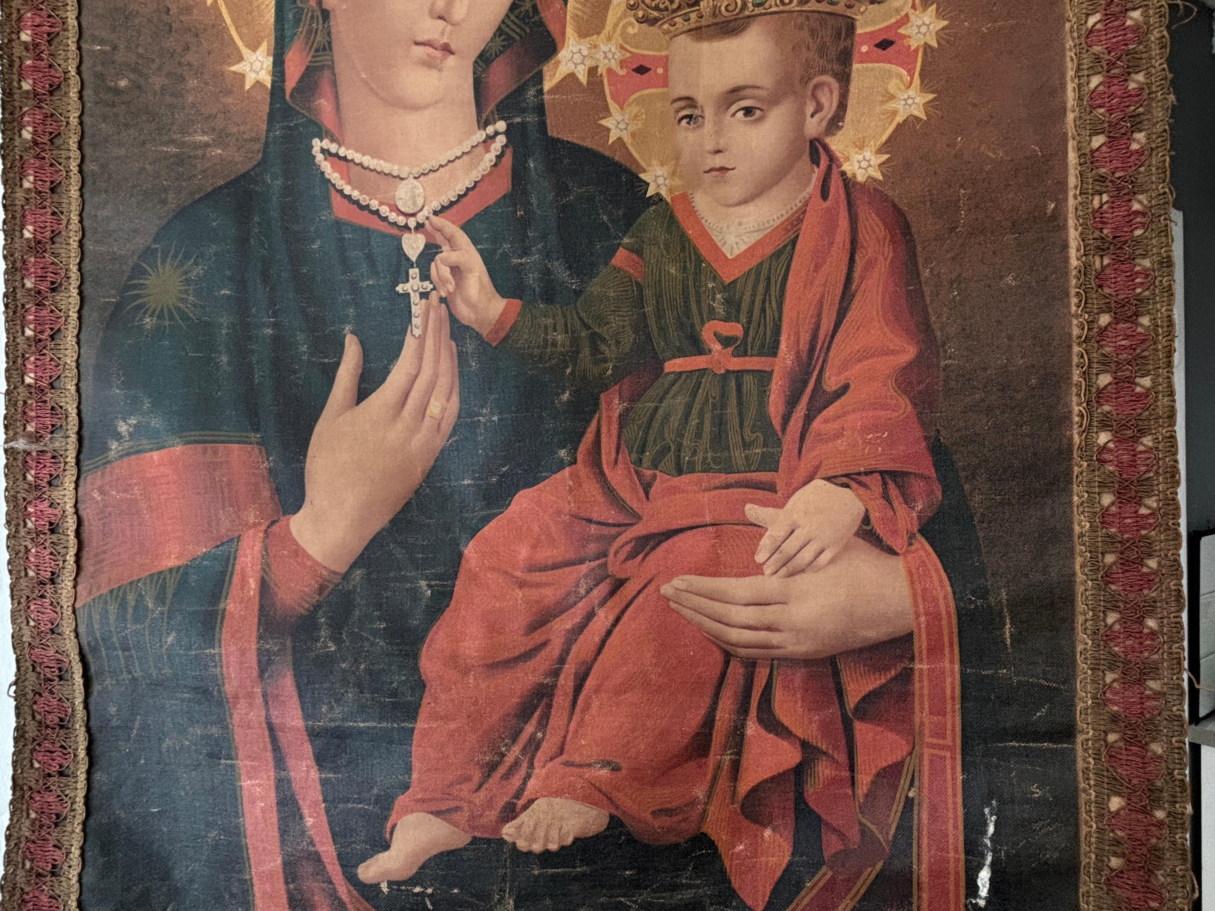 Estandarte Religioso Italiano Siglo XIX María Jesús Coronas Oliógrafas Borlas en Bueno estado para la venta en Firenze, Toscana