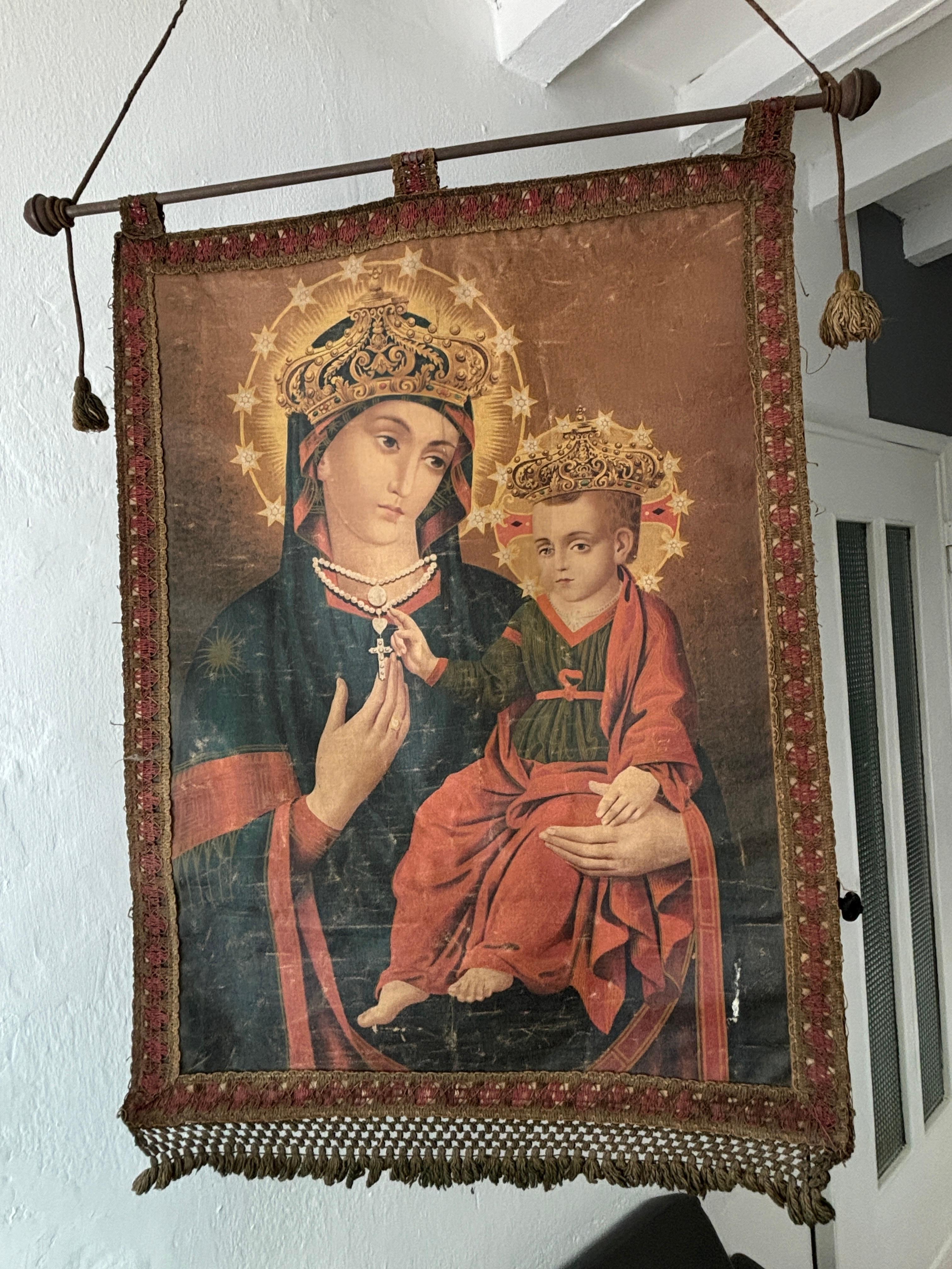 Estandarte Religioso Italiano Siglo XIX María Jesús Coronas Oliógrafas Borlas en venta 1