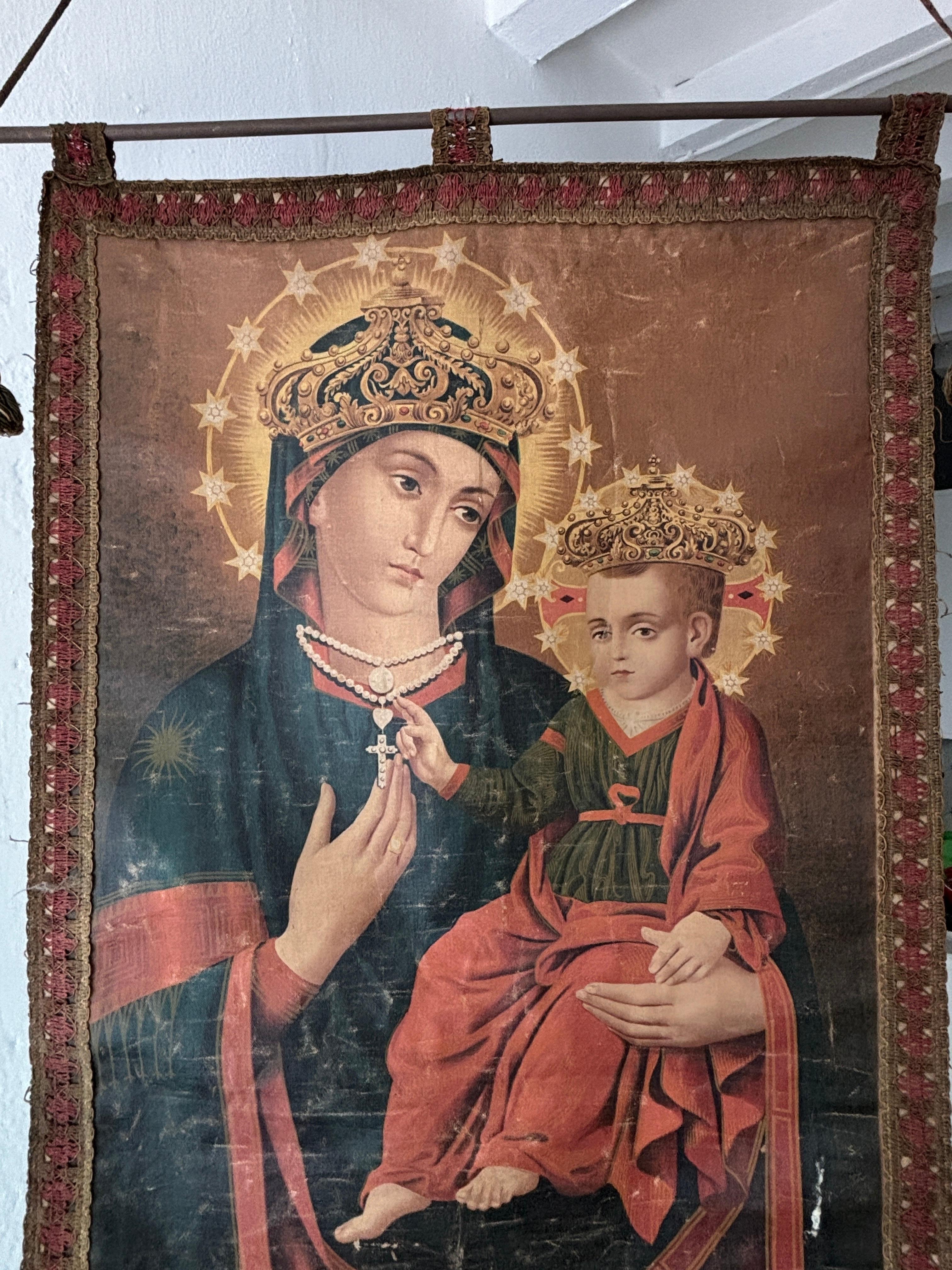 Estandarte Religioso Italiano Siglo XIX María Jesús Coronas Oliógrafas Borlas en venta 3