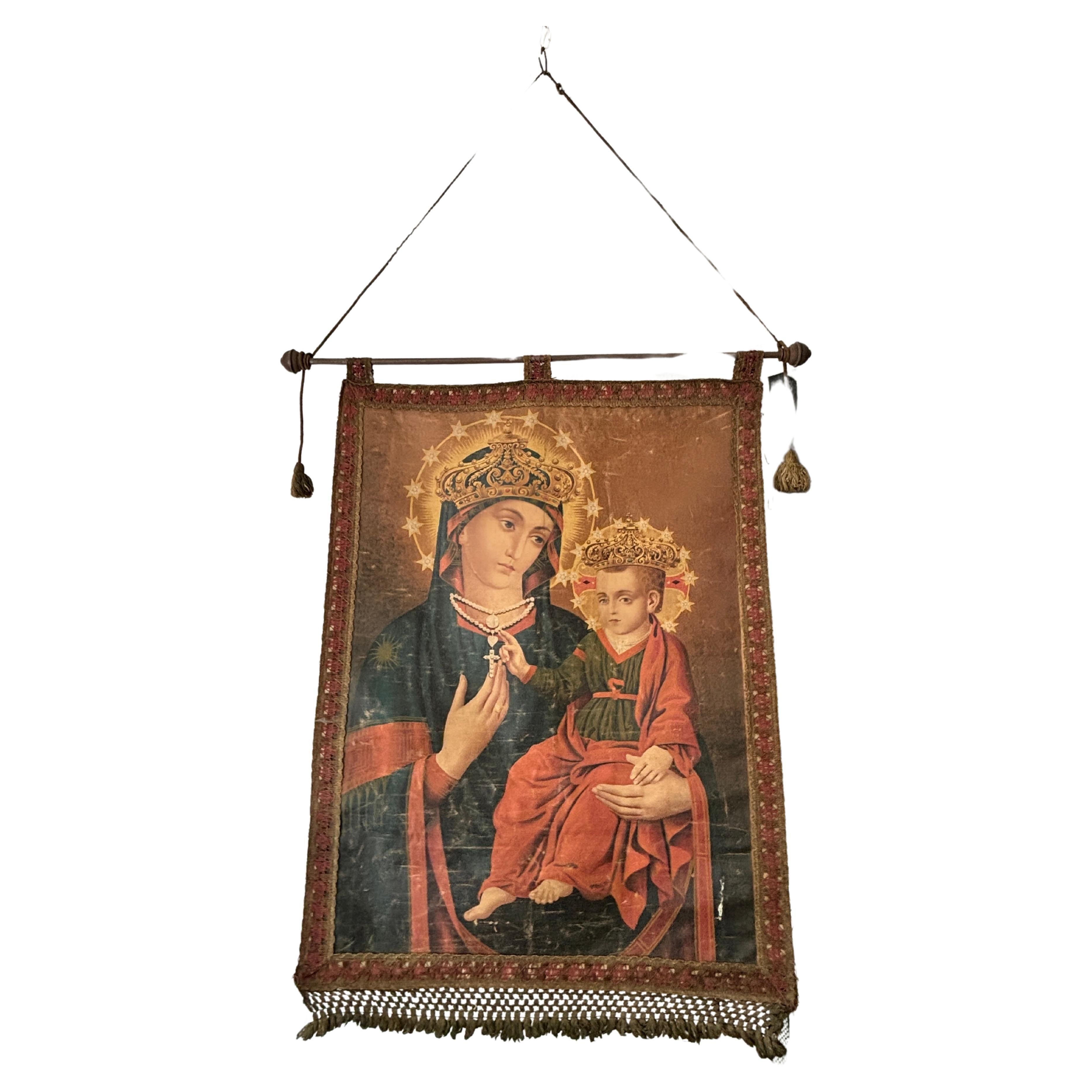 19th Century Italian Religious Banner Mary Jesus Oliograph Crowns Tassels