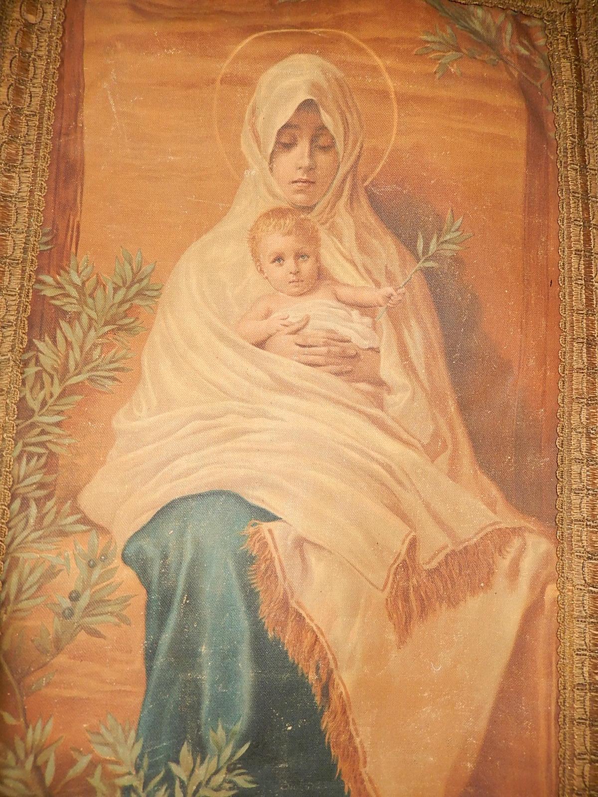 19th Century Italian Religious Banner Mary & Jesus Oliograph with Tassels 5