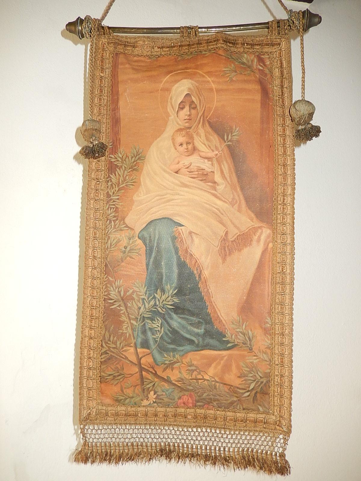 Beautiful oleograph of Mary and Jesus. Flowers on border. Embroidery still in great shape with gold thread. Original tassels and bar on top. Measurement is only the banner, not the extra rope that can be lengthened or shortened. Free priority UPS