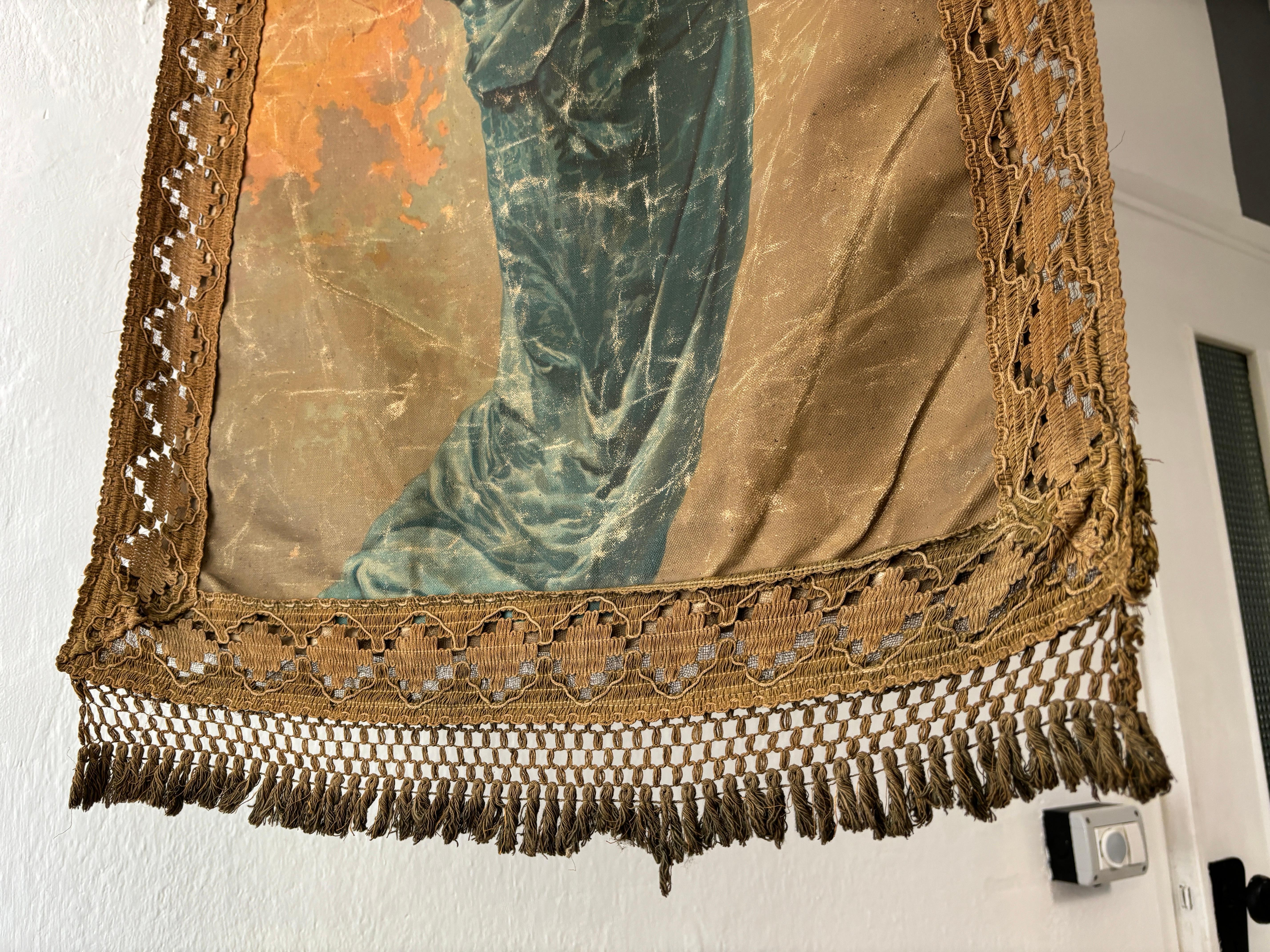 Tela Stendardo religioso italiano del XIX secolo Maria Gesù Oliografo con nappe in vendita