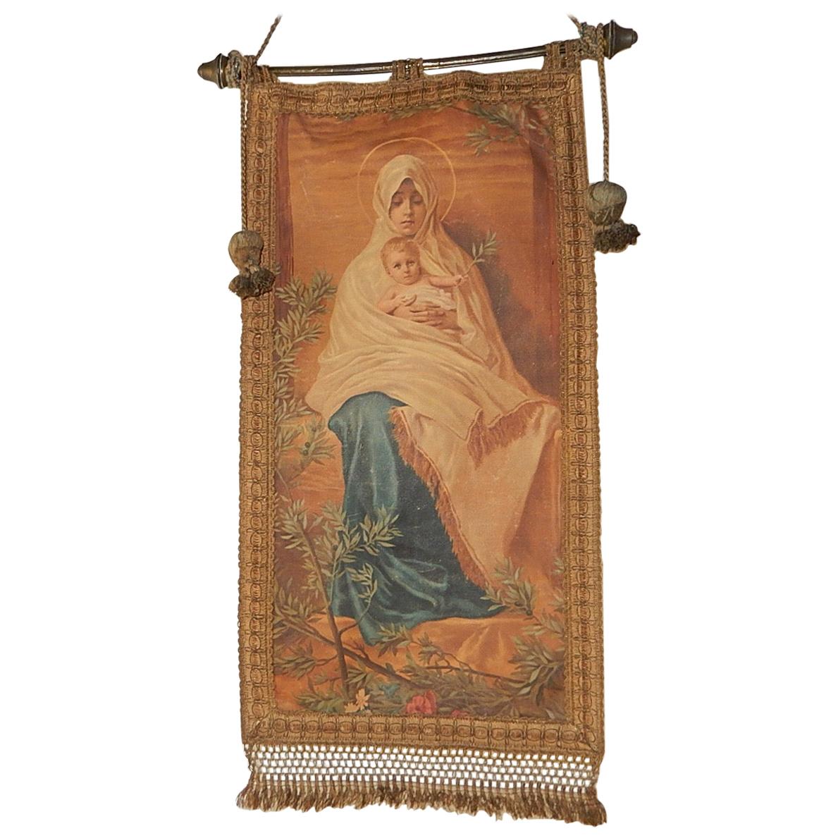 19th Century Italian Religious Banner Mary & Jesus Oliograph with Tassels