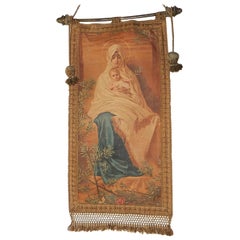 Antique 19th Century Italian Religious Banner Mary & Jesus Oliograph with Tassels