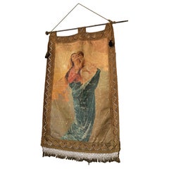 Italienische religiöses Banner Maria Jesus Oliograph mit Quasten aus dem 19. Jahrhundert