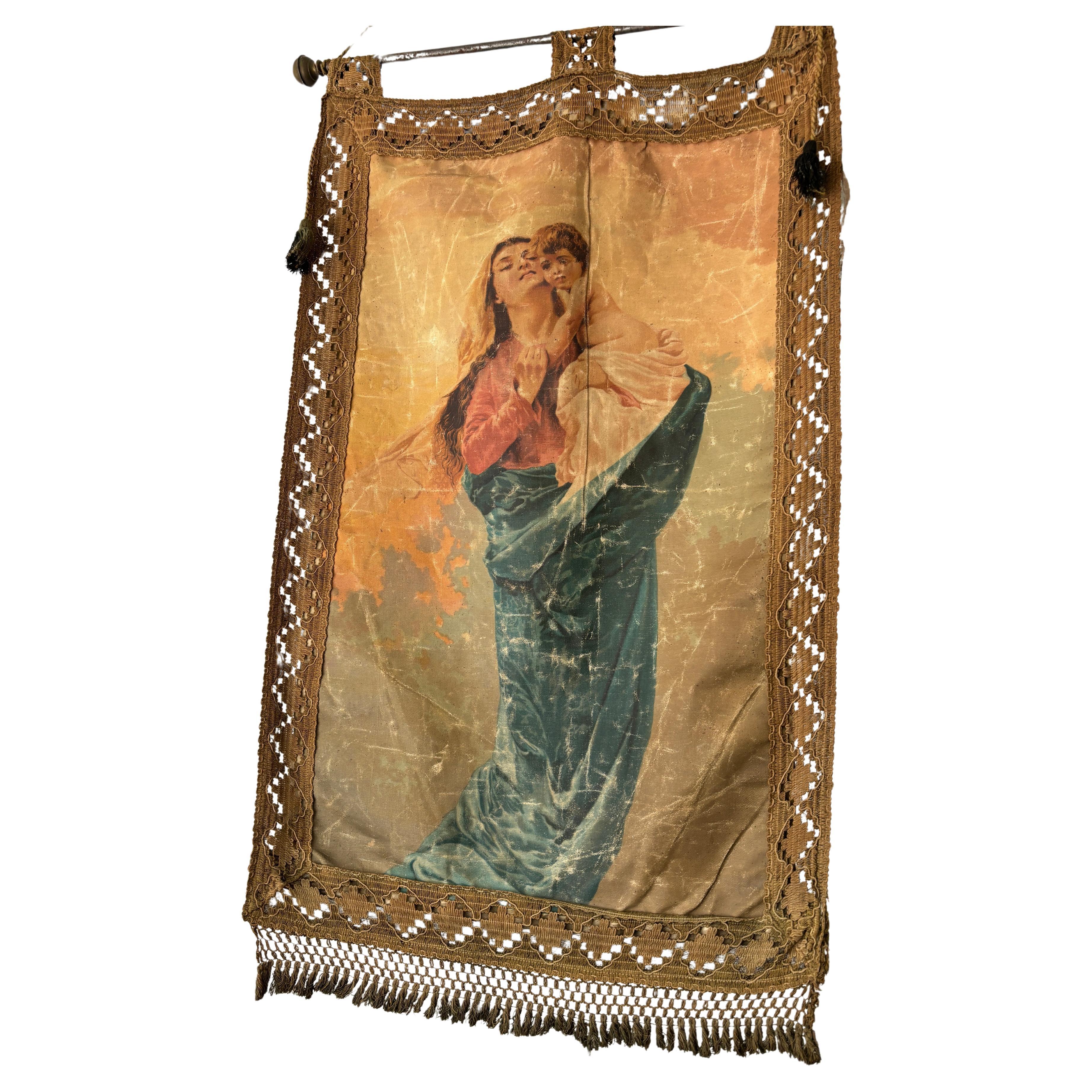 Banner religieux italien du 19ème siècle, Oliographe de Mary Jesus avec glands