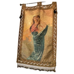 Antique 19th Century Italian Religious Banner Mary Jesus Oliograph with Tassels