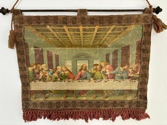 19th Century Italian Religious Banner The Last supper  Oliograph Tapestry Small