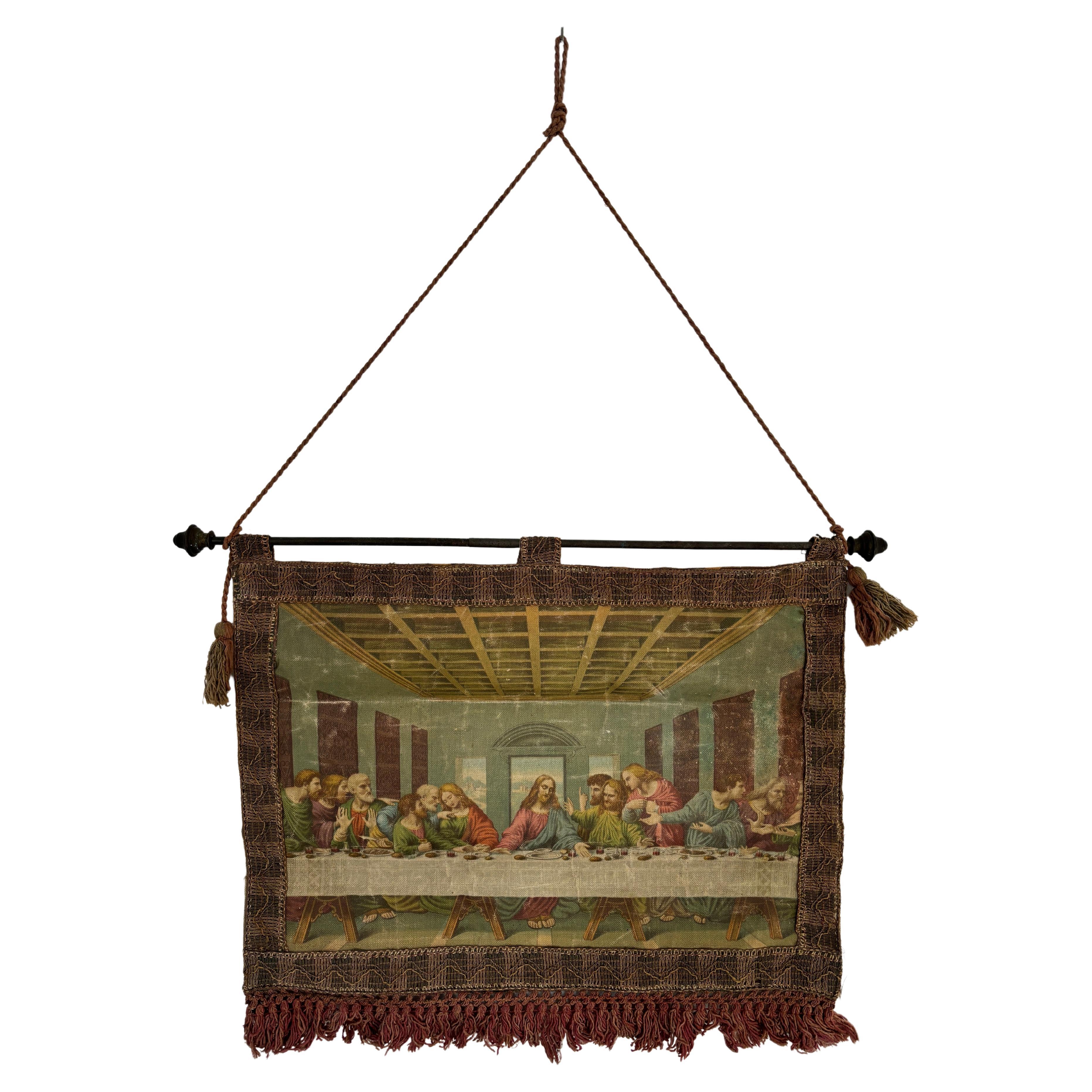 19th Century Italian Religious Banner The Last supper  Oliograph Tapestry Small