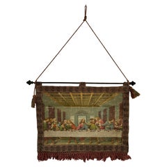 Antique 19th Century Italian Religious Banner The Last supper  Oliograph Tapestry Small