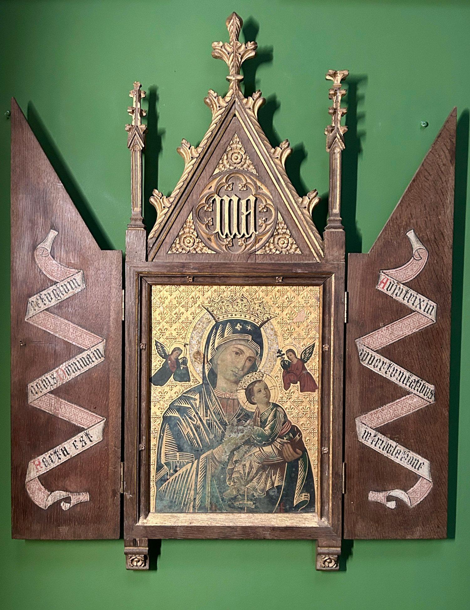 Peinture à l'huile religieuse ancienne, icône religieuse ancienne, peinture religieuse néo-gothique ancienne, cabinet néo-gothique ancien, peinture d'icône religieuse, peinture religieuse de la Vierge et de l'Enfant.

Icône religieuse de l'école