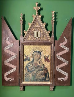 19th Century Italian Religious Icon Oil Painting in Gothic Revival Cabinet Frame