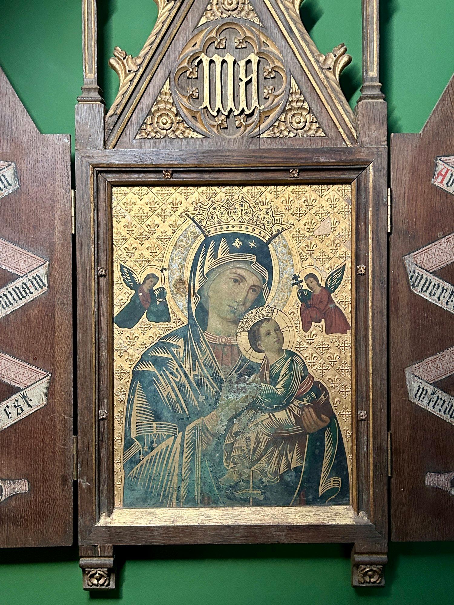 Néo-gothique Peinture à l'huile iconique religieuse italienne du 19ème siècle dans un cadre d'armoire de style néo-gothique en vente
