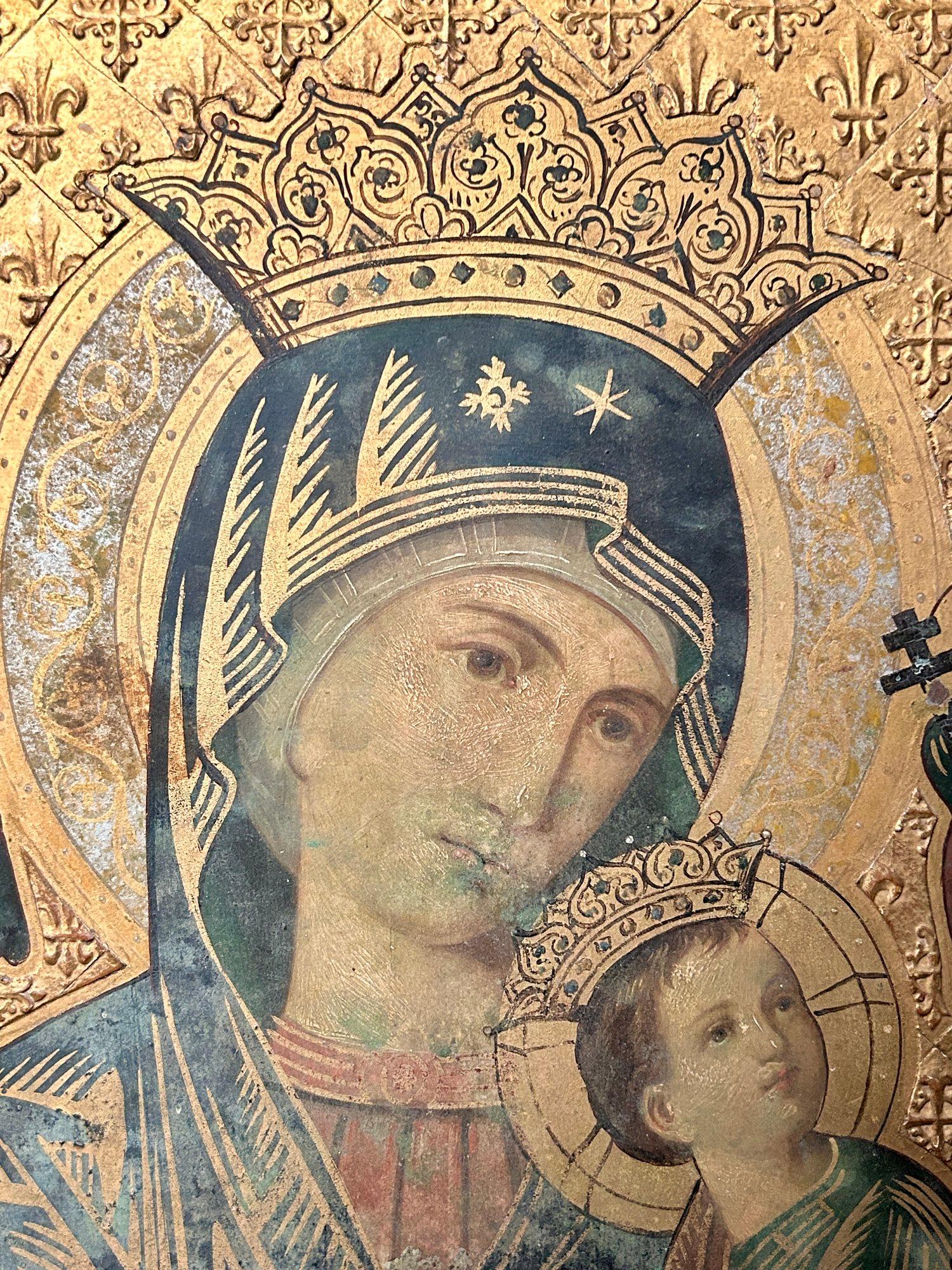 Fin du XIXe siècle Peinture à l'huile iconique religieuse italienne du 19ème siècle dans un cadre d'armoire de style néo-gothique en vente
