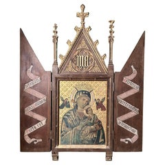 Cuadro al óleo de iconos religiosos italianos del siglo XIX en marco de gabinete de estilo gótico