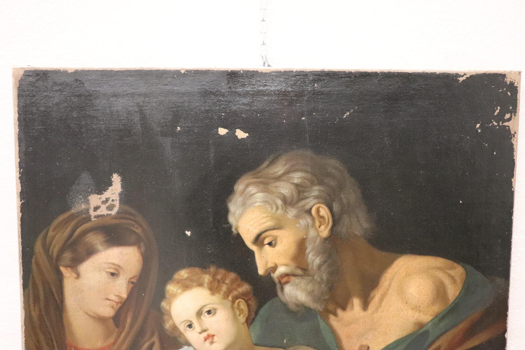 Oiled 19th Century Italian Religious Oil Painting on Canvas, The Holy Family