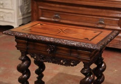 19th Century Italian Renaissance Carved Barley Twist Walnut Inlaid Side Table