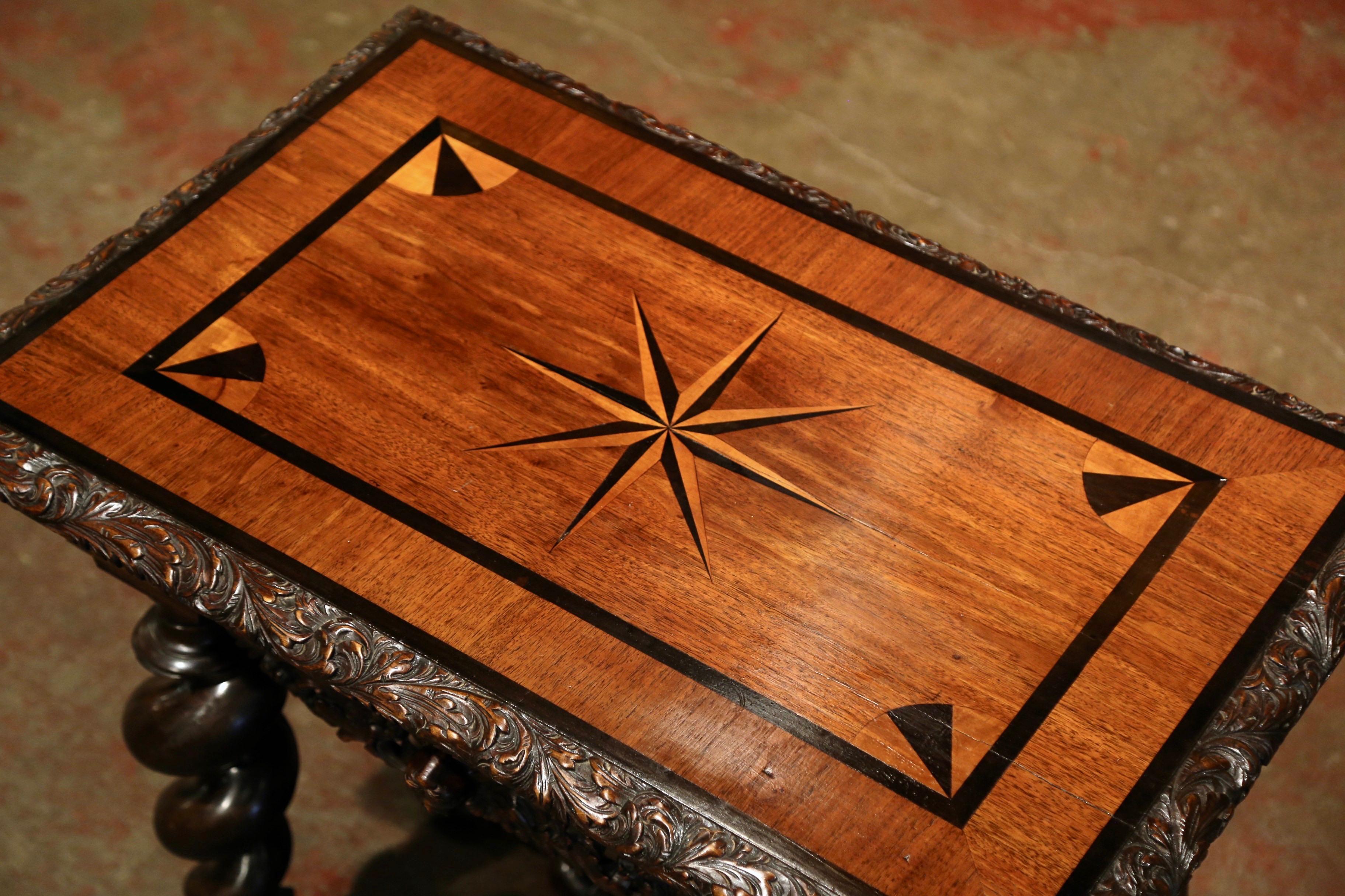 19th Century Italian Renaissance Carved Barley Twist Walnut Inlaid Side Table In Excellent Condition In Dallas, TX