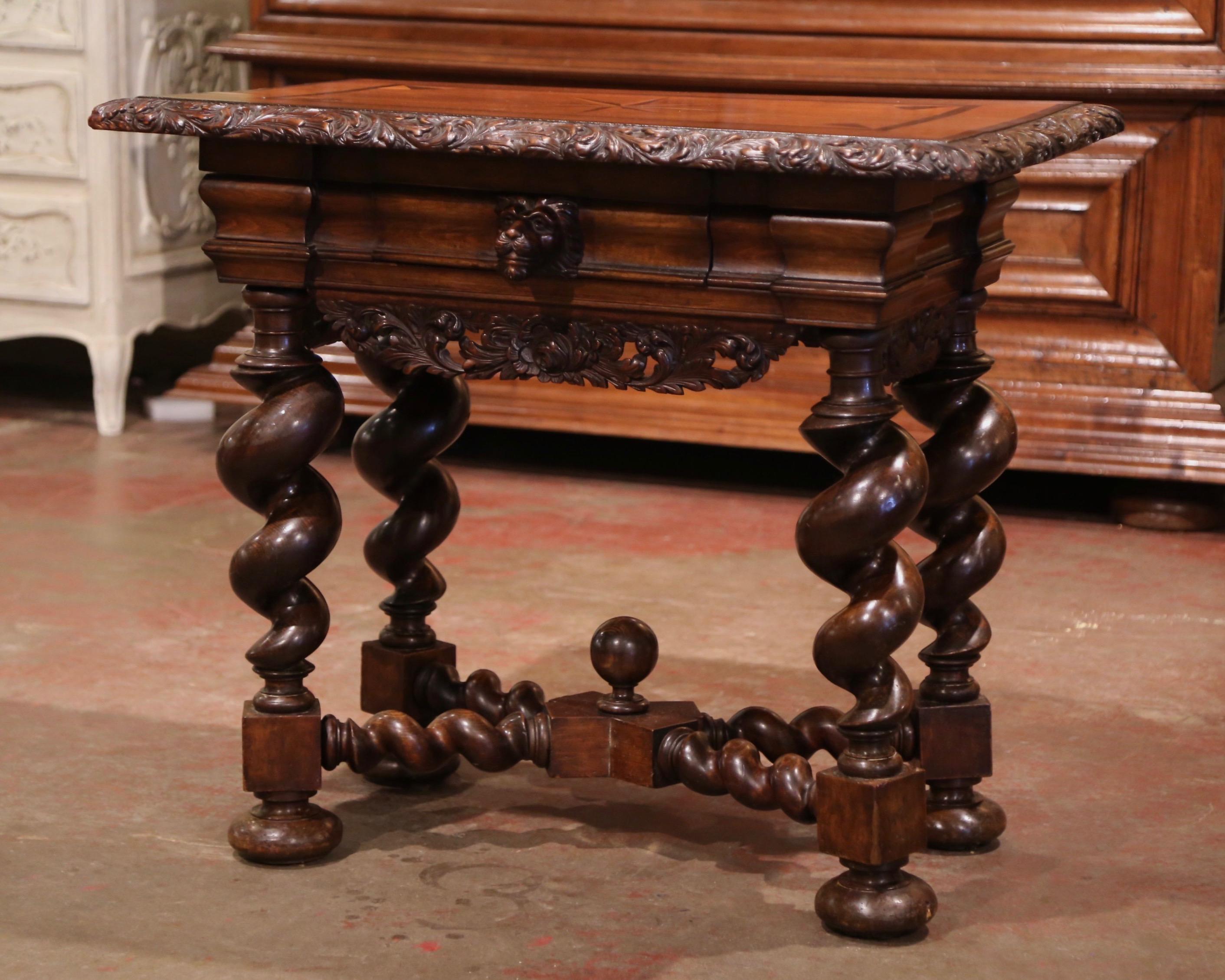 19th Century Italian Renaissance Carved Barley Twist Walnut Inlaid Side Table 1