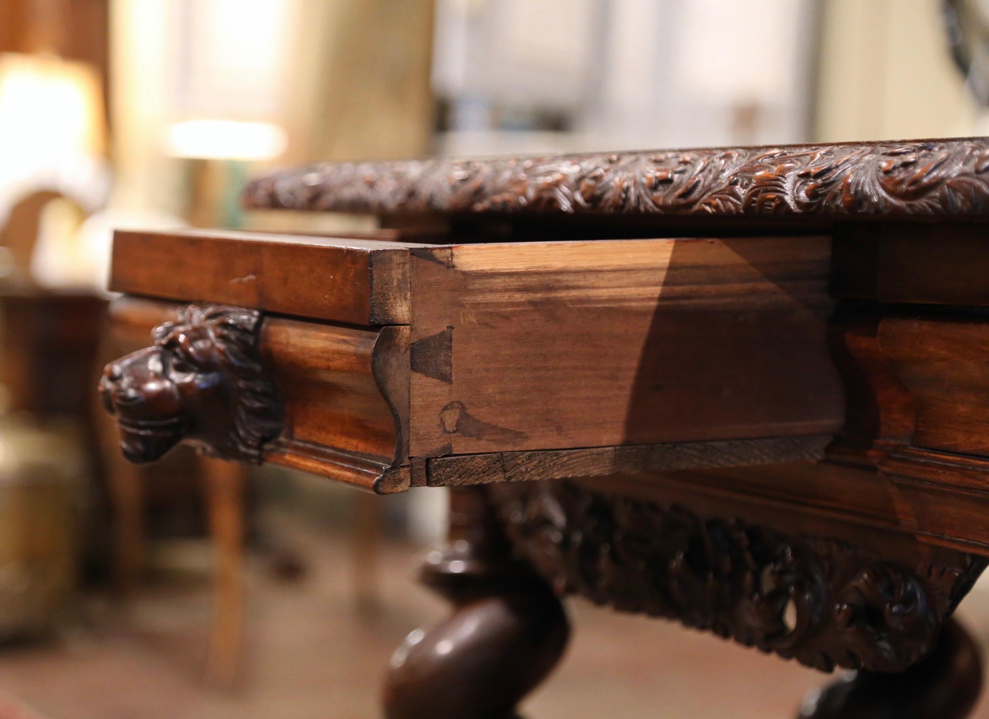 19th Century Italian Renaissance Carved Barley Twist Walnut Inlaid Side Table 4