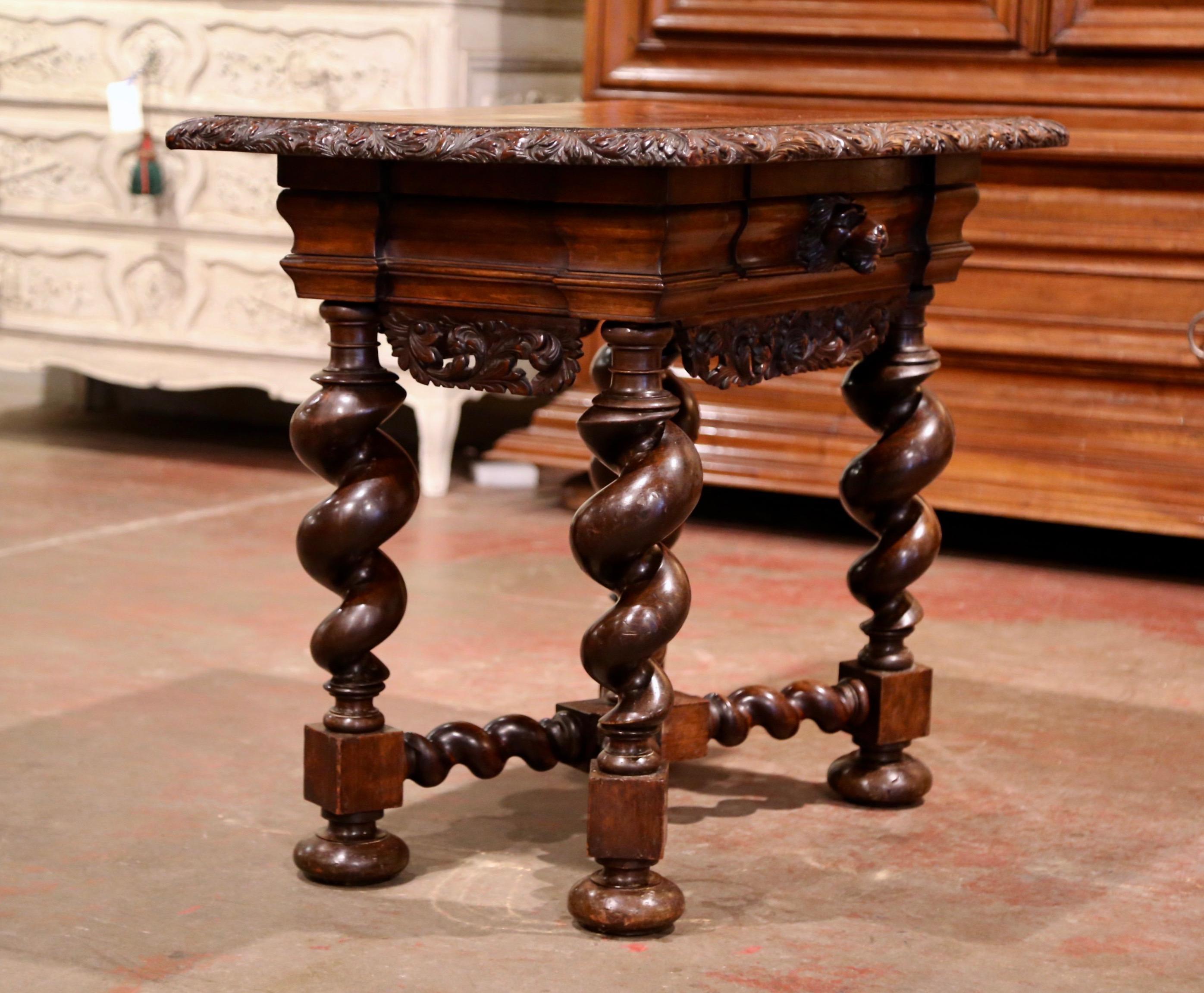 19th Century Italian Renaissance Carved Barley Twist Walnut Inlaid Side Table 5