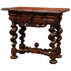 19th Century Italian Renaissance Carved Barley Twist Walnut Inlaid Side Table