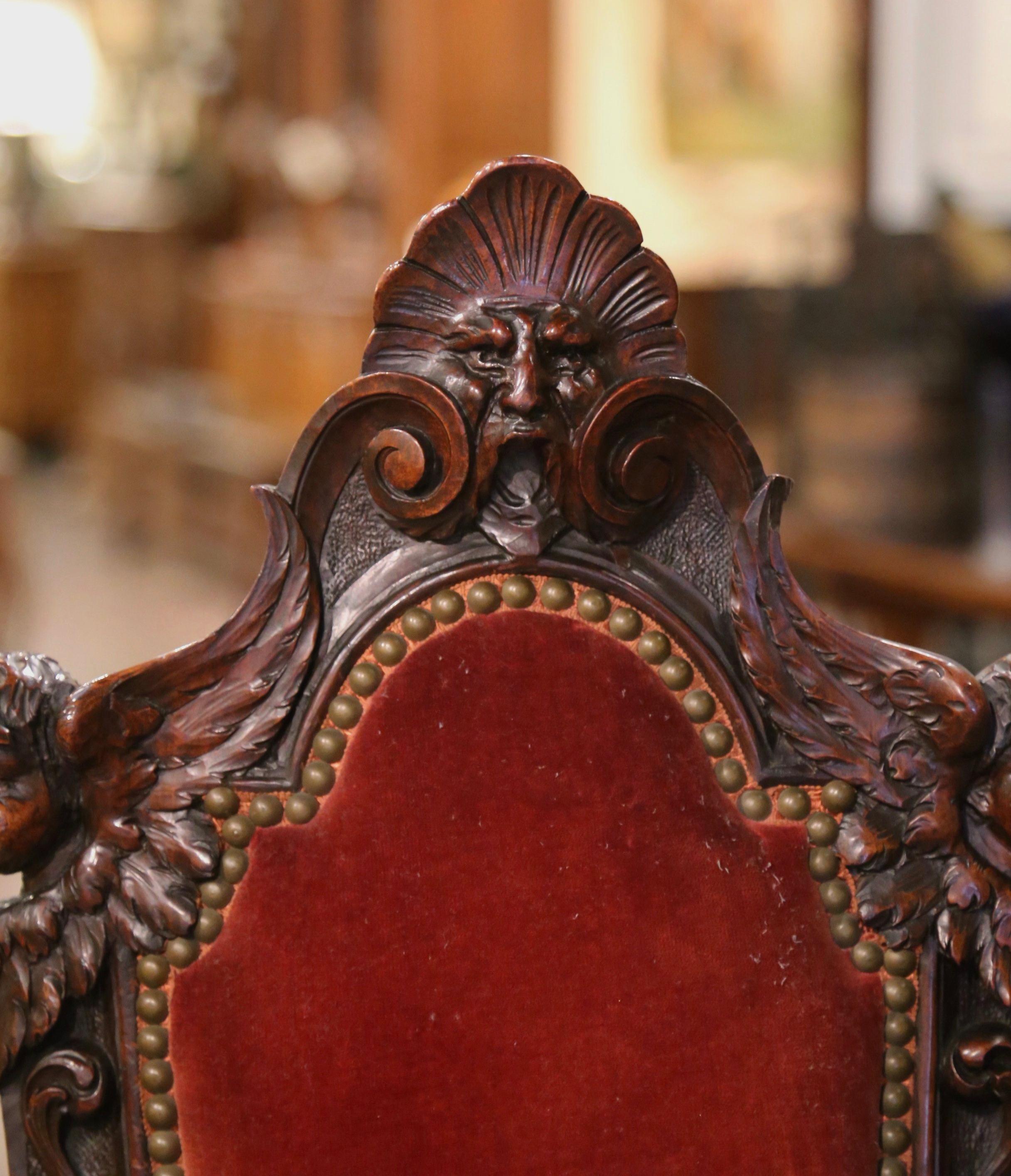 19th Century Italian Renaissance Carved Walnut and Velvet Sgabello Hall Chair 6