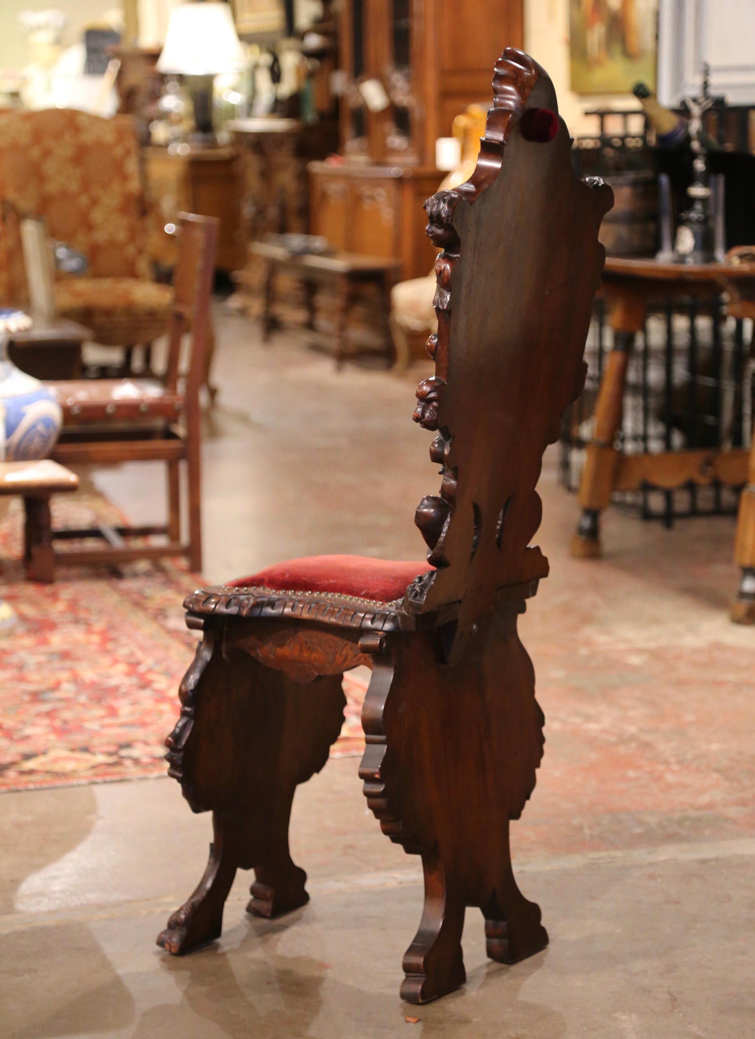 19th Century Italian Renaissance Carved Walnut and Velvet Sgabello Hall Chair 7